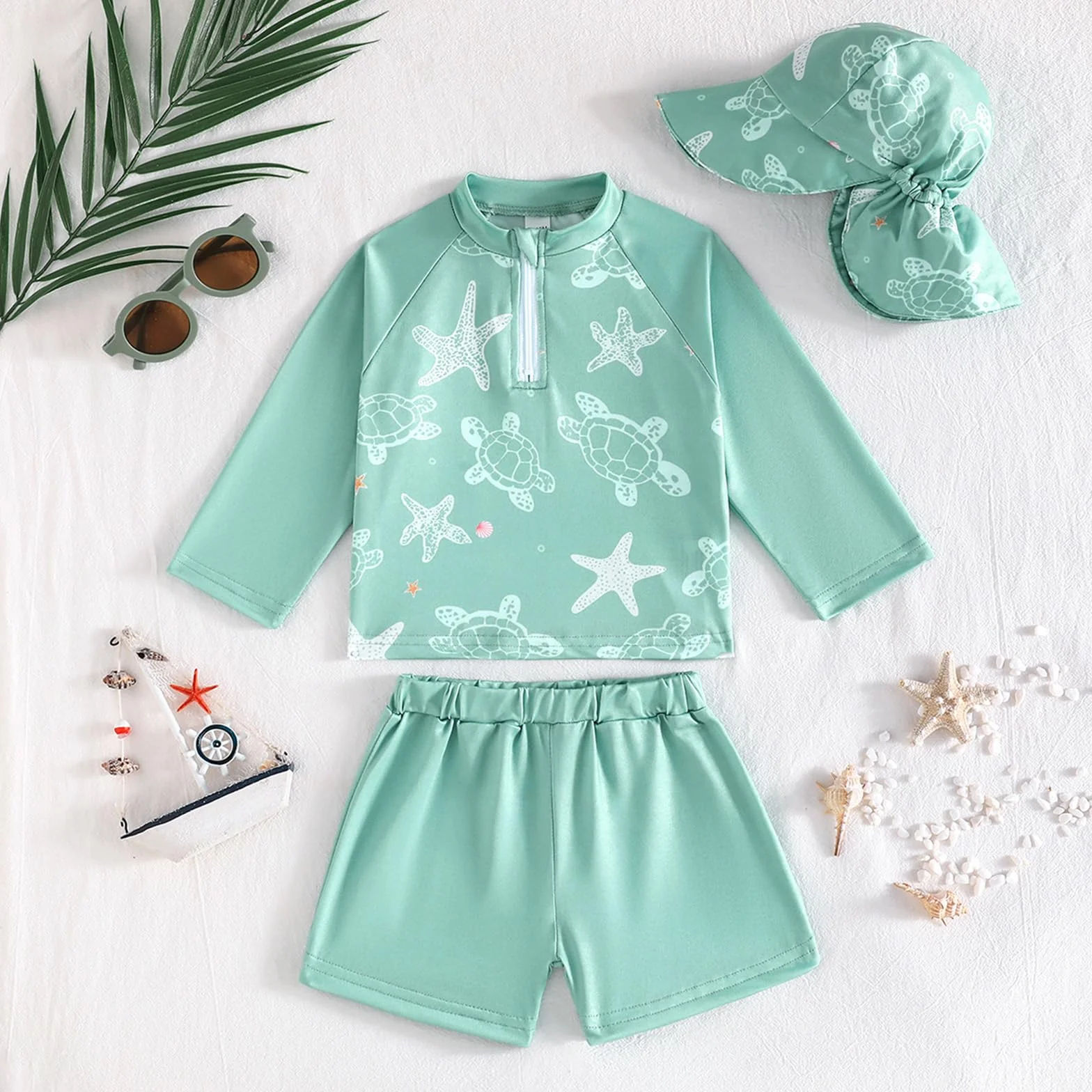 Baby Jungen Badebekleidung Set 2 Teilig mit Hut, Langarm Shirt und Badehose Kinder, Schnell trocknend, Elastisch für Strand Pool Urlaub
