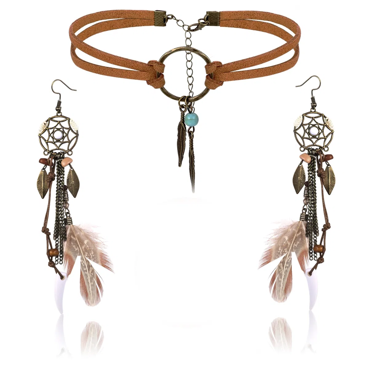LOLIAS Boho Traumfänger-Ohrringe Drop Leder Choker Halskette Set für Frauen Handmade Retro Vintage Bohemian Feder Anhänger Dangle Ohrringe Stammes-Schmuck Geschenk