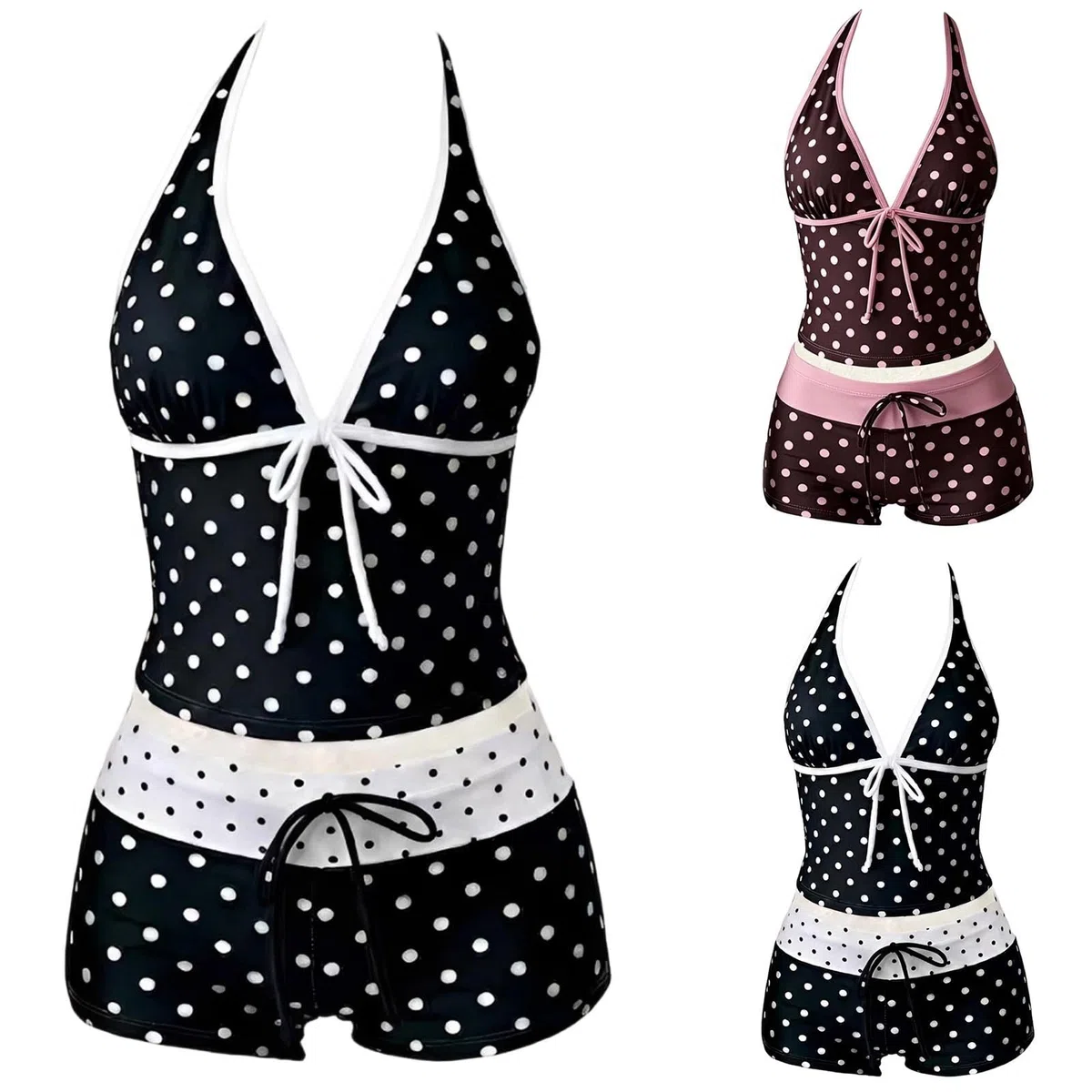 Damen Tankini Set Sexy V Ausschnitt Polka Bikini Sets Retro Bauchweg Zweiteiliger Badeanzug mit Gochgeschnittenem Höschen und Push-up-Oberteil Sommer Elegant Badeanzüge