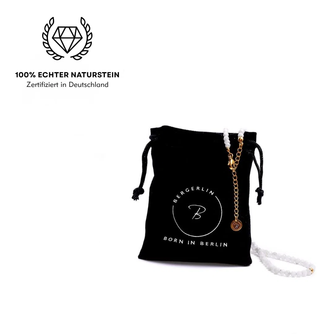 BERGERLIN Naturstein Perlen Halskette - Naturstein geprüft in Deutschland, Kette mit Verschluss und 925 Sterling Silberperle oder vergoldeter Perle, mit Echtheitszertifikat, für Damen und Herren