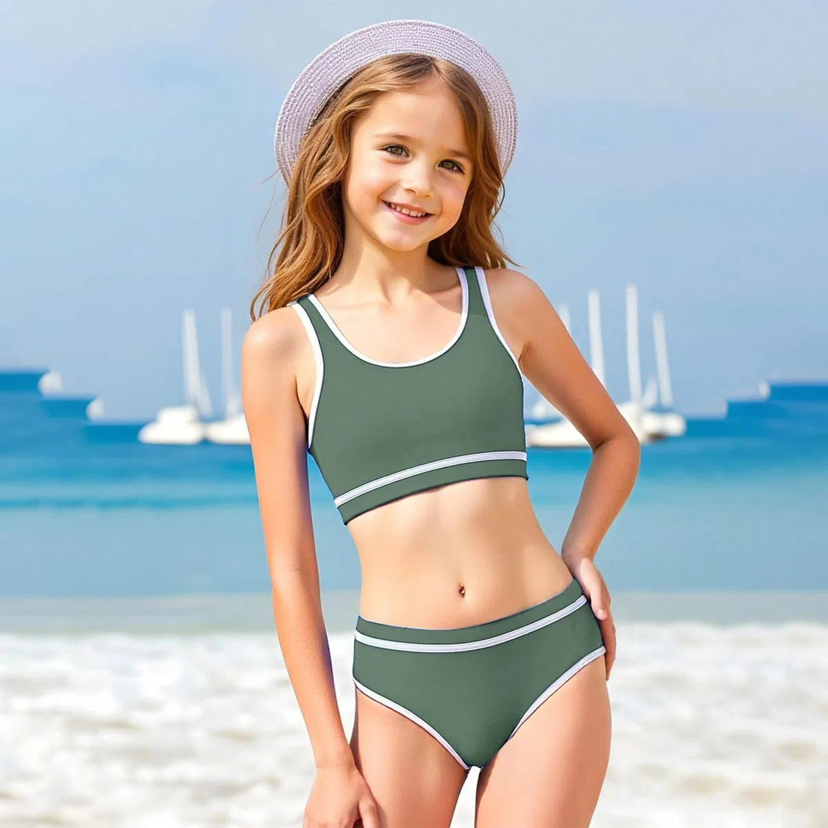 Mädchen Sport Bikini Set mit Kontrastdetails, Rundhals Badeanzug für Kinder, Schwimmanzug für Schule und Strand