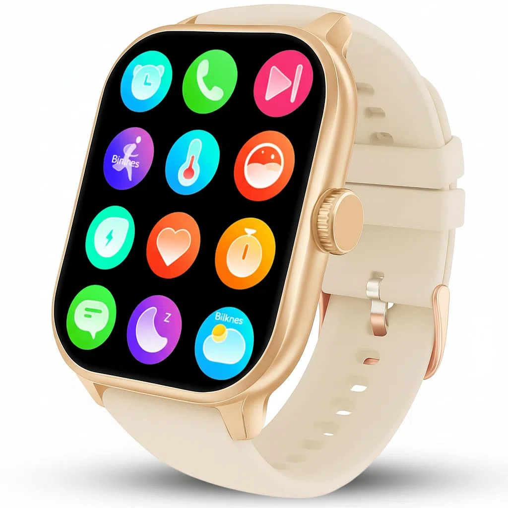 Bliknes X5 Smartwatch 1,96 Zoll für Damen Herren mit Telefonfunktion und Benachrichtigungen, kompatibel mit Android und iOS, Schlafmonitor, Schrittzähler, Fitness Tracker (Beige Gold)