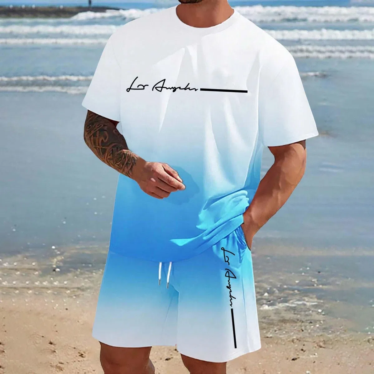 Trainingsanzug Herren Jogginganzug Aufdruck Zweiteiliges Set Freizeit Sportanzug Komfort Lässig 2 Teiliges Kurze Hosen + T Shirt Set Bequeme Freizeitanzug Männer