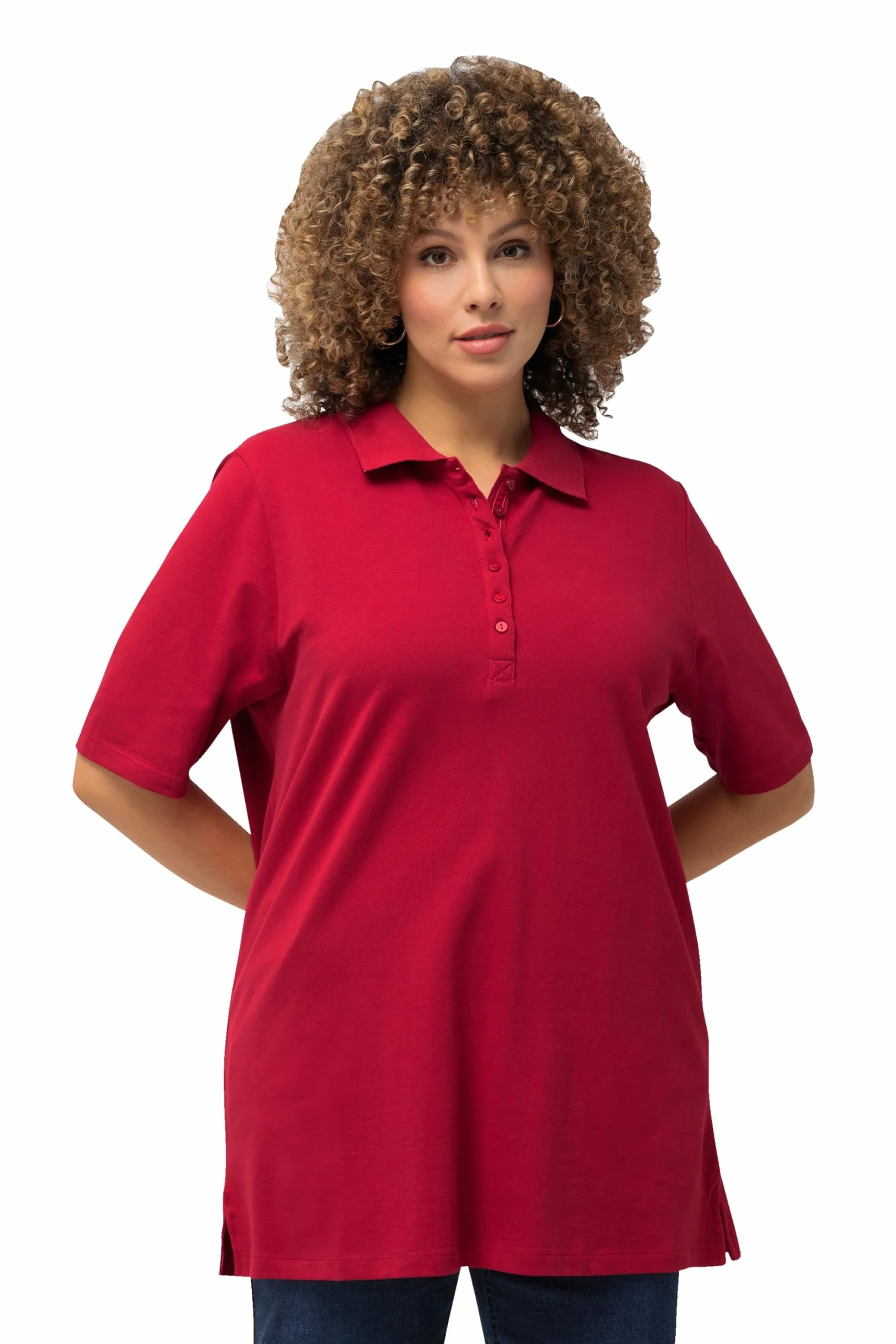 Ulla Popken Damen große Größen Übergrößen Plus Size Poloshirt, T-Shirt mit Samtband-Knopfleiste, Basic-Shirt, Polokragen, Baumwolle 637297
