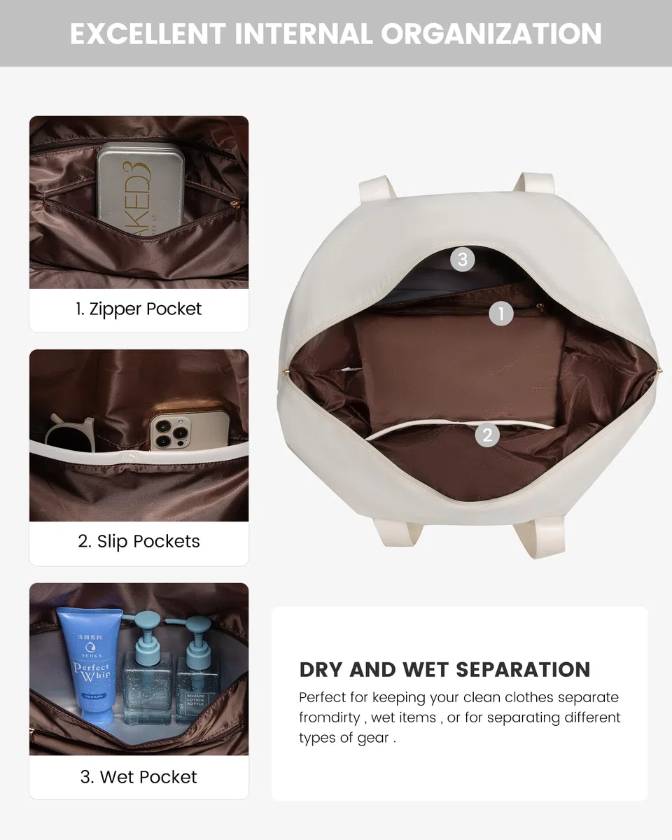 LOVEVOOK Weekender Reisetasche Damen, Sporttasche Handgepäck Tasche 45x36x20, Groß Kliniktasche Geburt, Travel Bag Duffle Bag mit Kulturtasche Schuhfach für Flugzeug Reisen, Beige