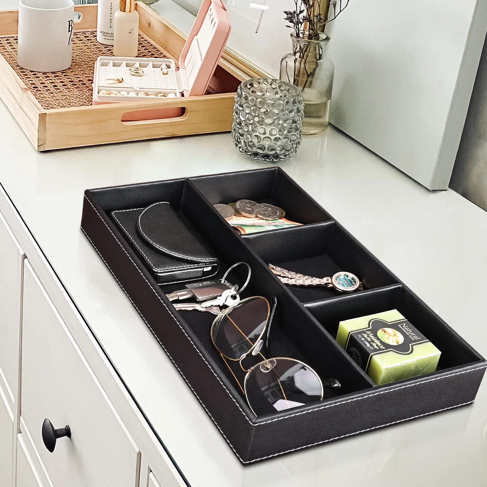 GORESE Valet Tablett, Leder Büro Schublade Schreibtisch Aufbewahrungsbox, Nachttisch Ablageschale, Taschenleerer Organizer Box Stiftablagen für Schlüssel, Schreibwaren, Münzen, Schmuck (Schwarz)
