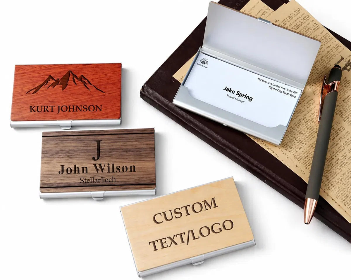 Personalizd Visitenkartenetui, personalisierbar, Holz & Edelstahl, mehrere Brieftaschen, Kreditkarten- und Ausweishalter für Damen und Herren, mit eingraviertem Namen und Logo