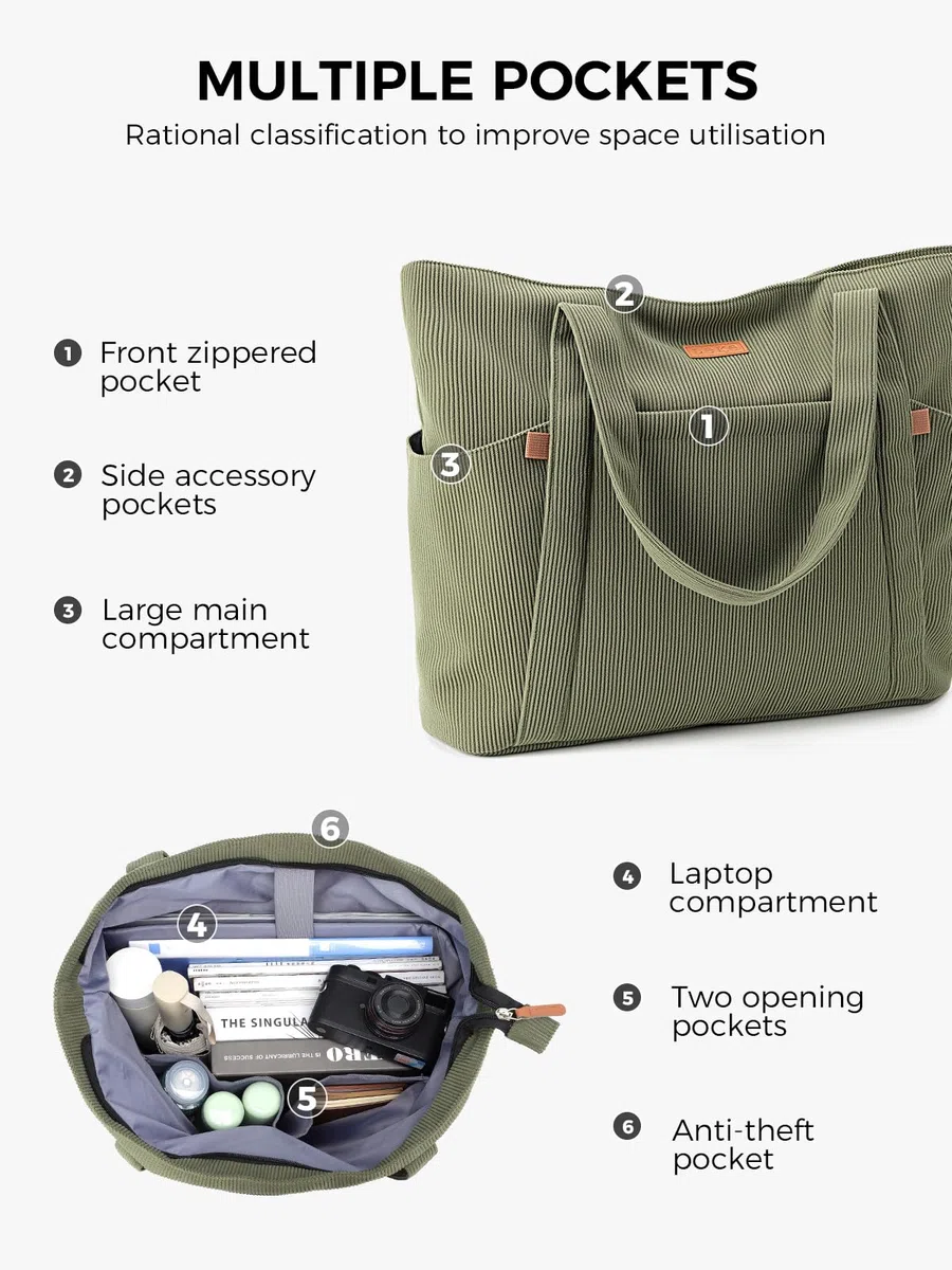 Cord Tasche Damen, Groß Tote Bag Strandtasche mit Reißverschluss, Shopper Tasche Damen Laptoptasche mit 17 Zoll Laptopfach, Elegant Handtasche Umhängetasche für Arbeit Schule Gym-Grün