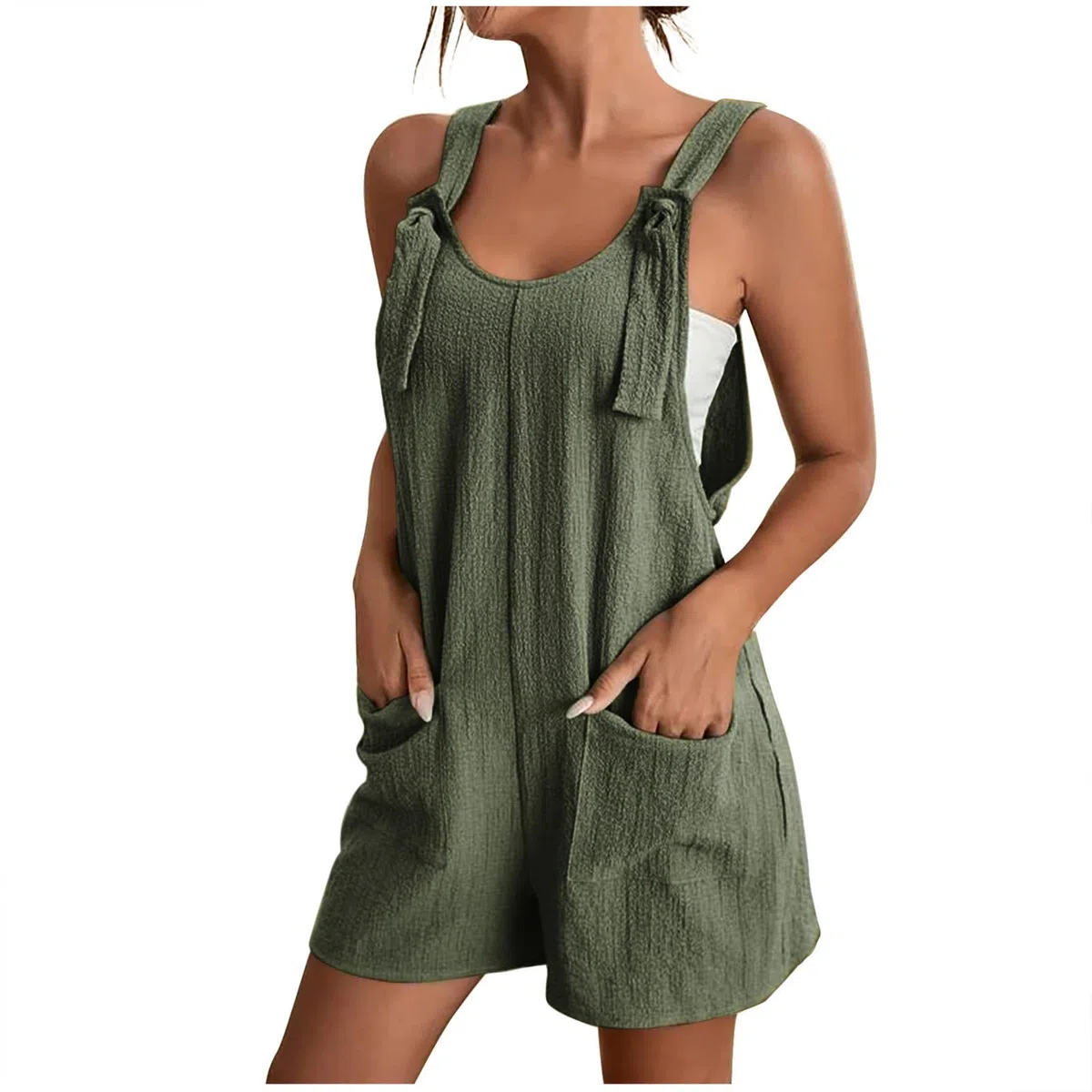 EMATOP Overall Damen Sommer Kurz Jumpsuit Baumwolle Leinen Latzhosen Ärmellos Lässiger Trägerhose Elegant Leicht Einteiler Shorts Einfarbig Mode Arbeitshose mit Taschen Playsuit Sport Romper