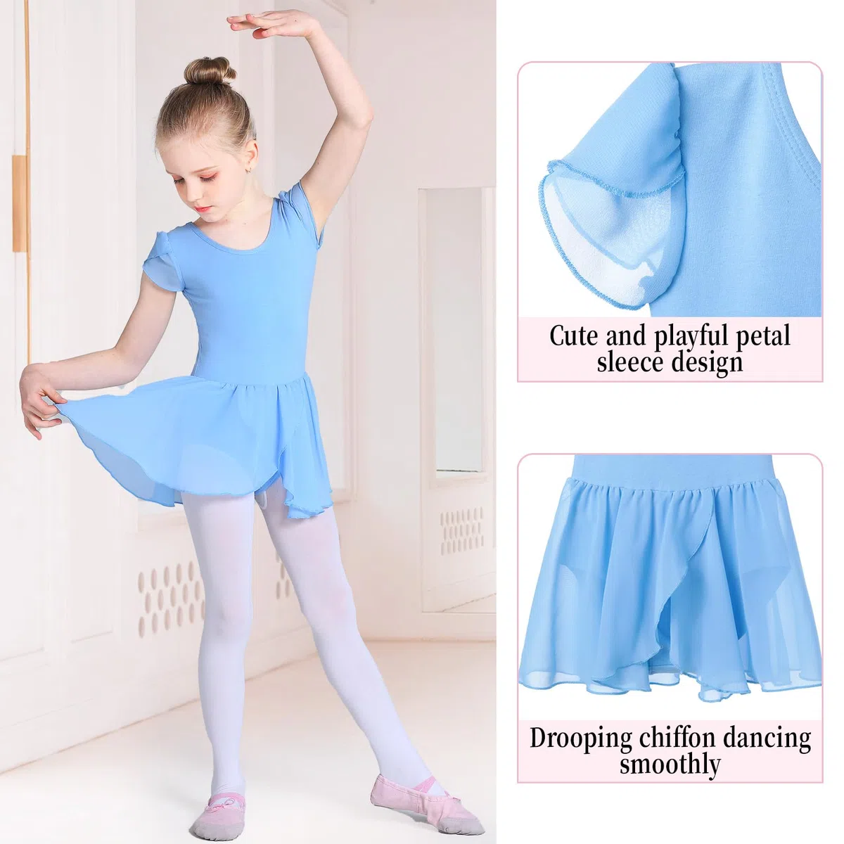 Ballettkleidung Mädchen Ballettkleid Kurzarm Tanzkleid Balletttrikot aus Baumwolle mit Chiffon Rock Tütü 2-11Jahre 90-150 cm