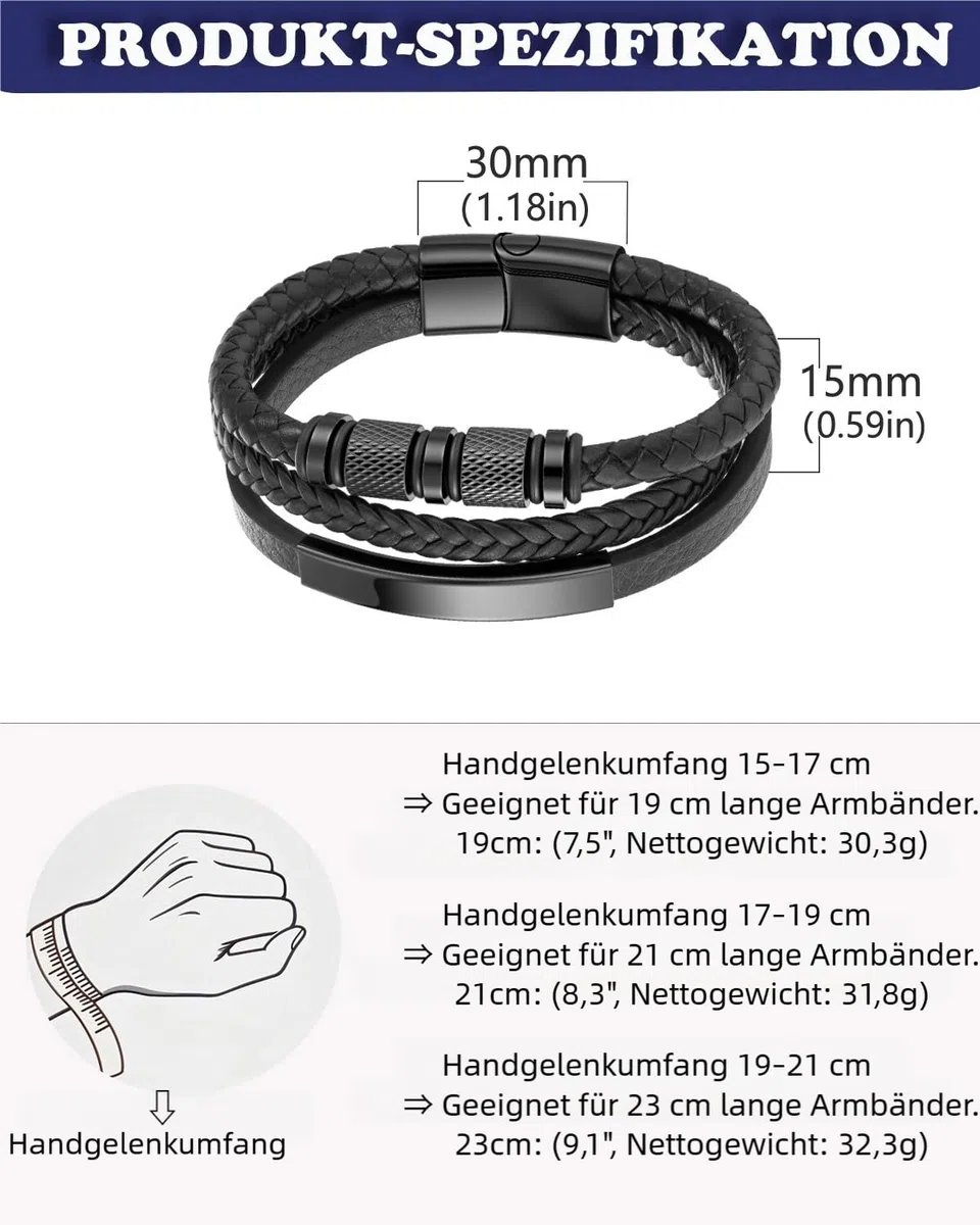 Armband Herren - Lederarmband - Edelstahl-Magnetschließe Armband - Geflochtenes Lederarmband - Armbänder für Herren als Geschenk für Geburtstag, Valentinstag, Weihnachten oder Vatertag Schwarz