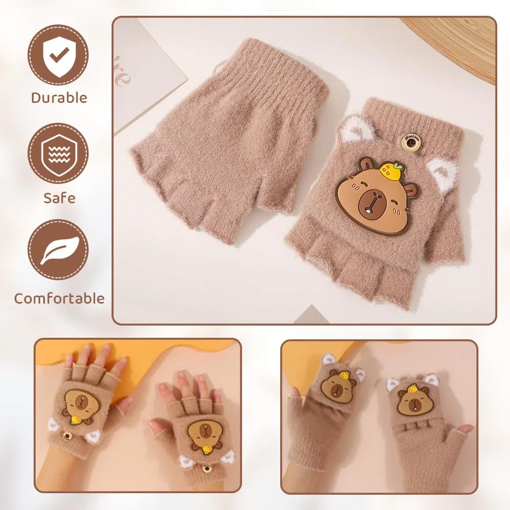 Capybara Winter Accessoires Kinder, 3PCS Ohrenschützer Fäustlinge und Schal Set Ohrenwärmer Earmuffs Plüsch Winterschal Kinderhandschuhe Winter Set Outdoor-Aktivitäten für Junge Mädchen Braun