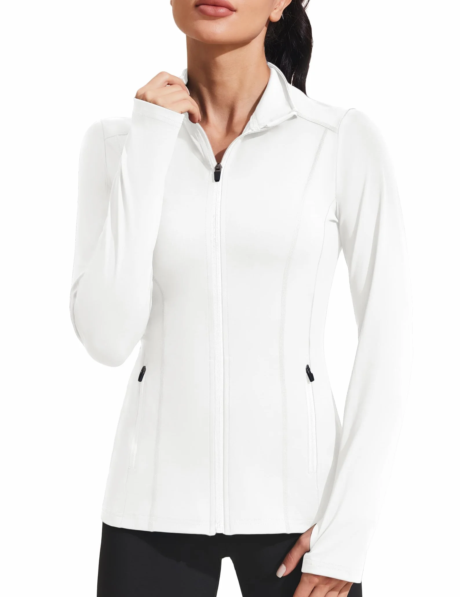 PINSPARK Damen Laufjacke Langarm Sportjacke Atmungsaktive Trainingsjacke Leicht Reißverschluss Sweatjacke Yoga Fitness Sport mit Tasche Daumenloch