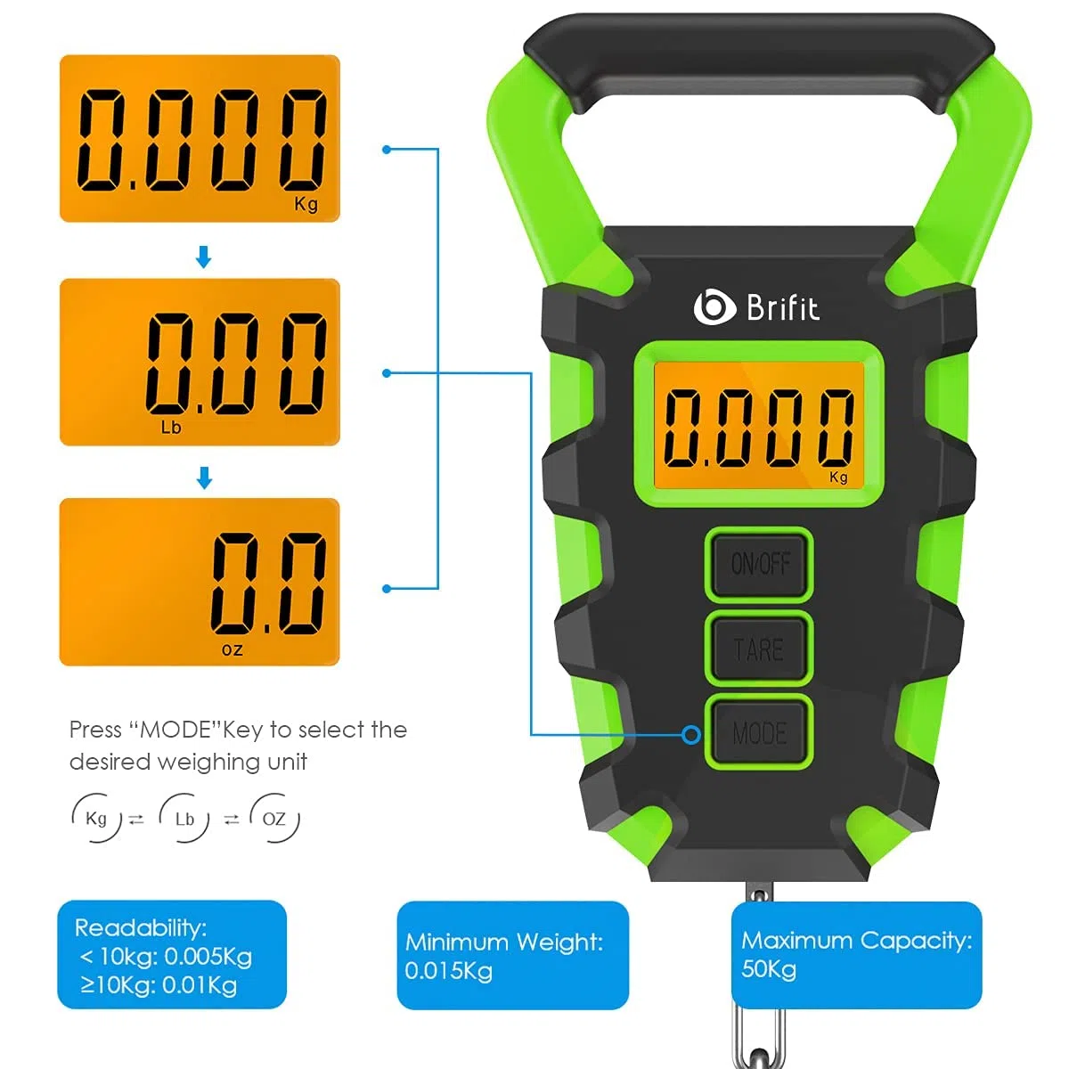 Brifit Digitale Kofferwaage, 50 kg Digitale Fischwaage mit Angelhaken, Gepäckwaage, IPX4 wasserdichte Hängewaage mit Maßband, Hintergrundbeleuchtung LCD-Anzeige, 2 AAA Batterien enthalten (Grün)