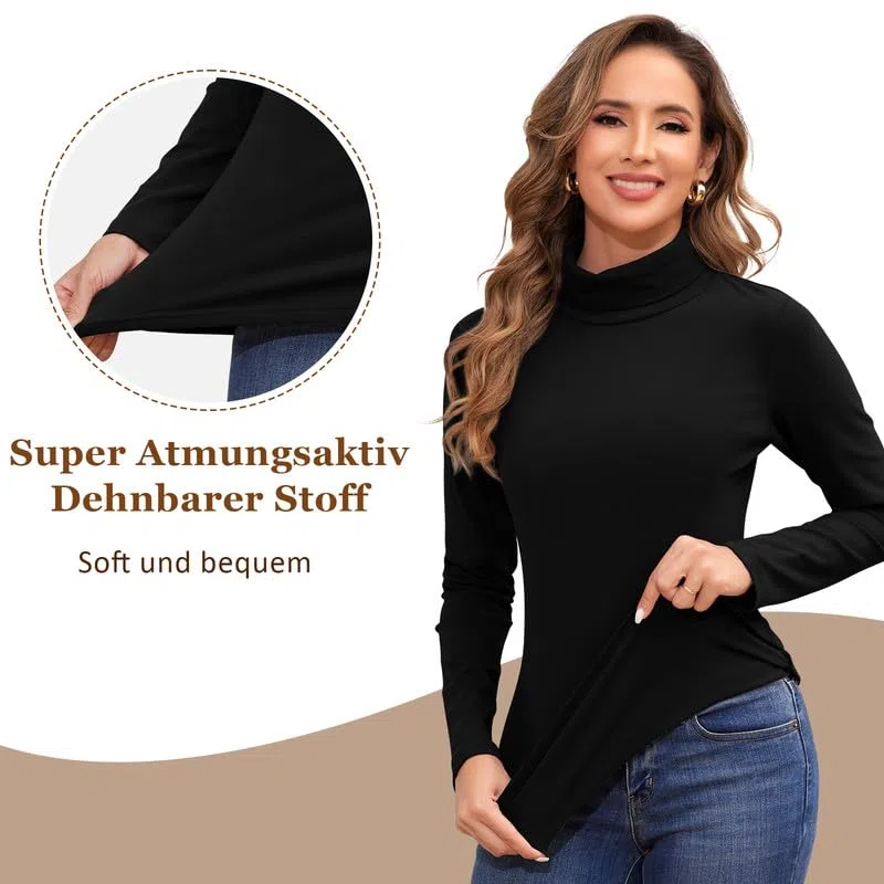 Jiuday Thermo Oberteil Damen Rollkragen Fleece Pullover Thermoshirt Langarm Warme Thermo Unterhemd Gefüttert Langarmshirt Slim Fit Basic Tops Oberbekleidung Drinnen im Winter