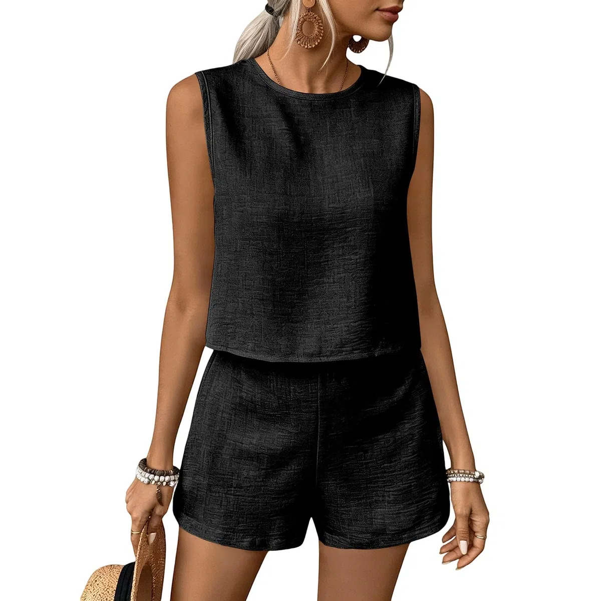 Zweiteiler Damen Sommer Leinen Tank Top und Weite Shorts Musselin Hosenanzug Leichte Einfarbig 2-Teilig Atmungsaktiv Loungewear Ärmellose Freizeitanzug Modische Tracksuit