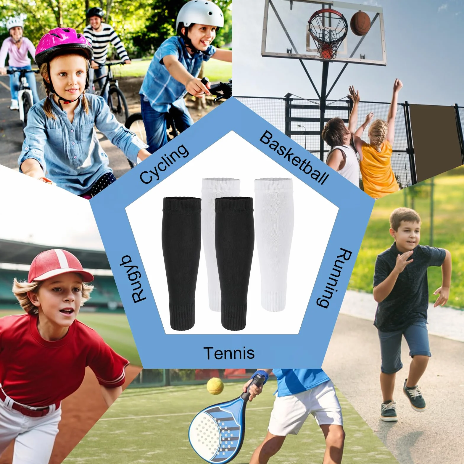 Tyqour 2 Paar Stutzen Kinder Fußball, Unisex Stutzen Ohne Socken, Fußball Sleeves Tubes Sportsocken Weiß Schwarz Fussball Socken Kinder Atmungsaktive Football Socks für Anfänger und Jugendliche