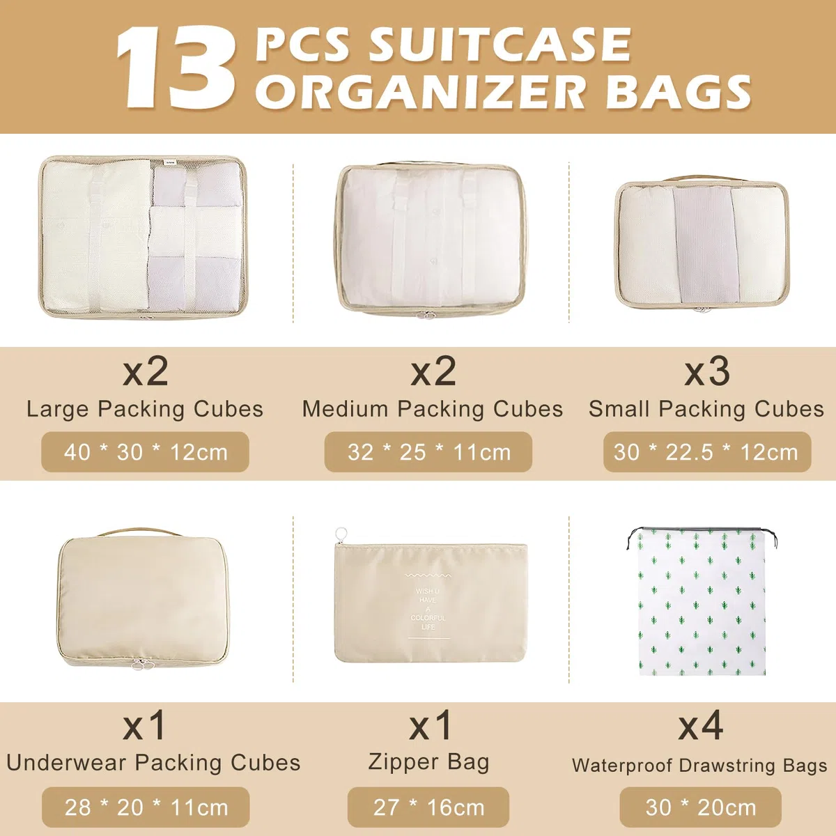 Koffer Organizer Set 13-teilig, Wasserdicht Packing Cubes, Multifunktionale Travel Packwürfel, Kofferorganizer Packtaschen für Koffer, Reise Organizer Set Mit Kleidertaschen (Beige)
