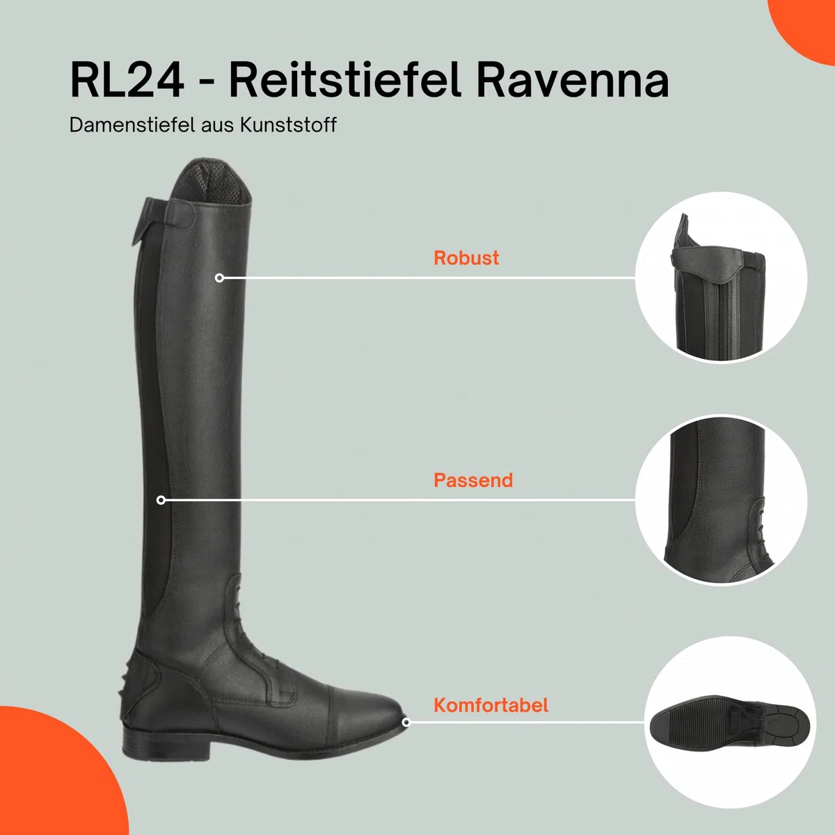RL24 - Damen Reitstiefel Ravenna | Damen-Stiefel aus Kunstleder | Schnürstiefel mit Reißverschluss in schwarz | Reiterstiefel mit extra weichem Innenfutter | Größe 37-42