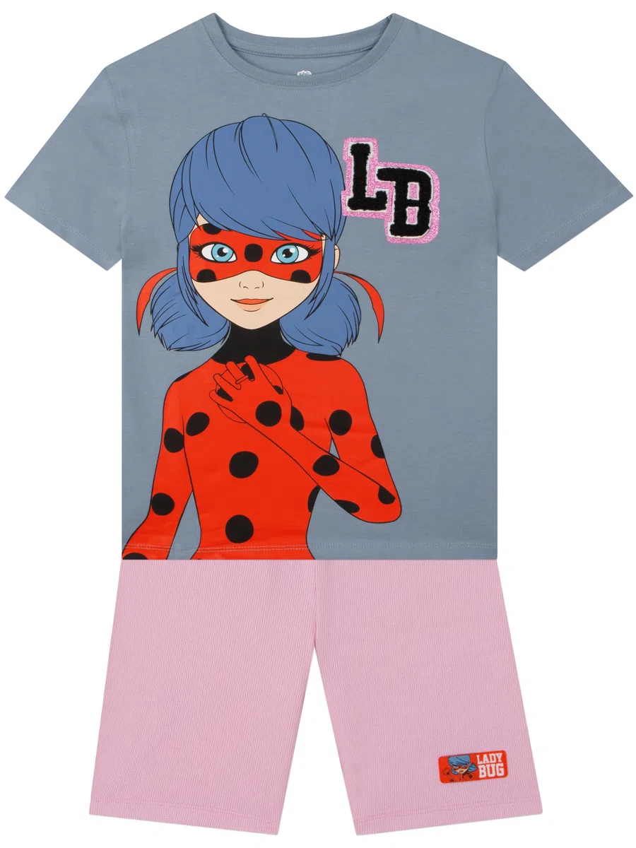 Miraculous Tshirt Mädchen und Shorts Set, sommerliche Outfit für Mädchen mit Ladybug Glitzerdetail