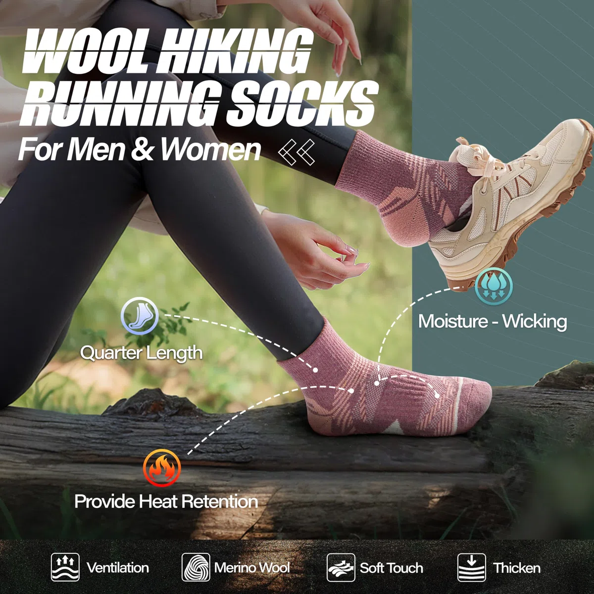 ANTSANG 6 Paar Merino Wolle Ankelsöckchen für Laufen Wandern Gehen Arbeiten Atmungsaktiv Thermisch Warm Dick Gepolstert Socken Viertelsöckchen für Herren Damen