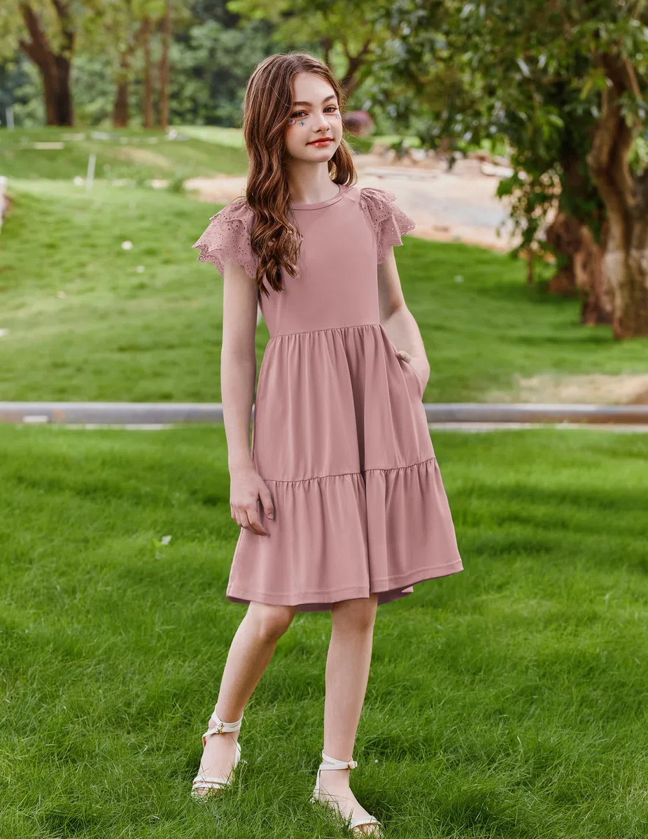 Arshiner Mädchen Kleider Spitze Kurzarm Sommerkleid A-Linie Rundhals Partykleid Kinder Festliches Kleid Casual Midikleid Mode Einfarbig Abendkleider mit Tasche 6-14 Jahre