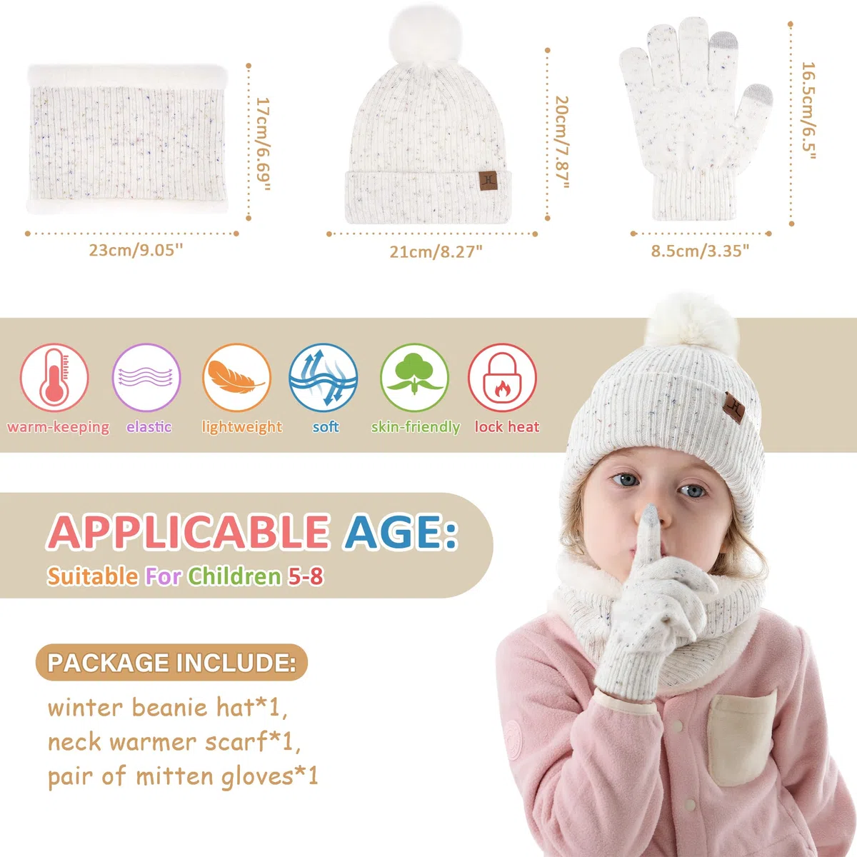 Kinder Winter Mütze Loop Schal Handschuhe Set, Pompom Wintermütze Schlauchschal Fäustlinge für 0–4 Jahre Baby Kleinkinder, Strickmütze Touchscreen Handschuhe für 5–8 Jahre Mädchen Jungen