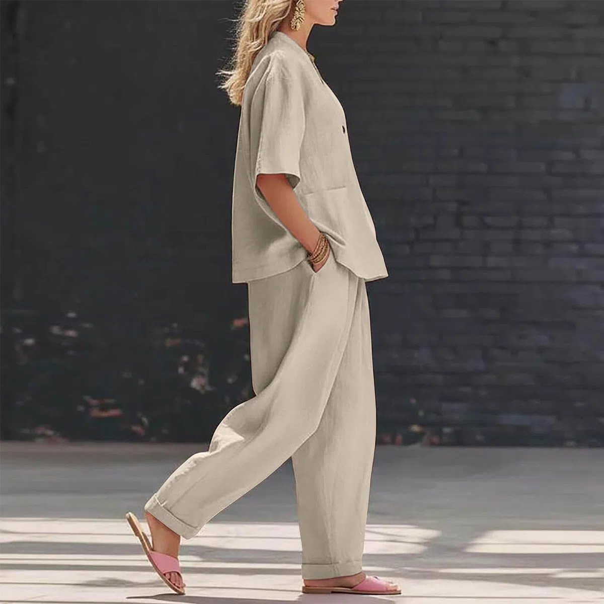 Leinenanzug Damen Sommer Leinen Bluse und Lange Weite Hose, Leinen Set Hausanzug Kuschelig 2 Teiler Einfarbig Sport Outfit Lounge Set Hosenanzug Elegant 2 Teilig Große Größen Leinenanzug mit Taschen