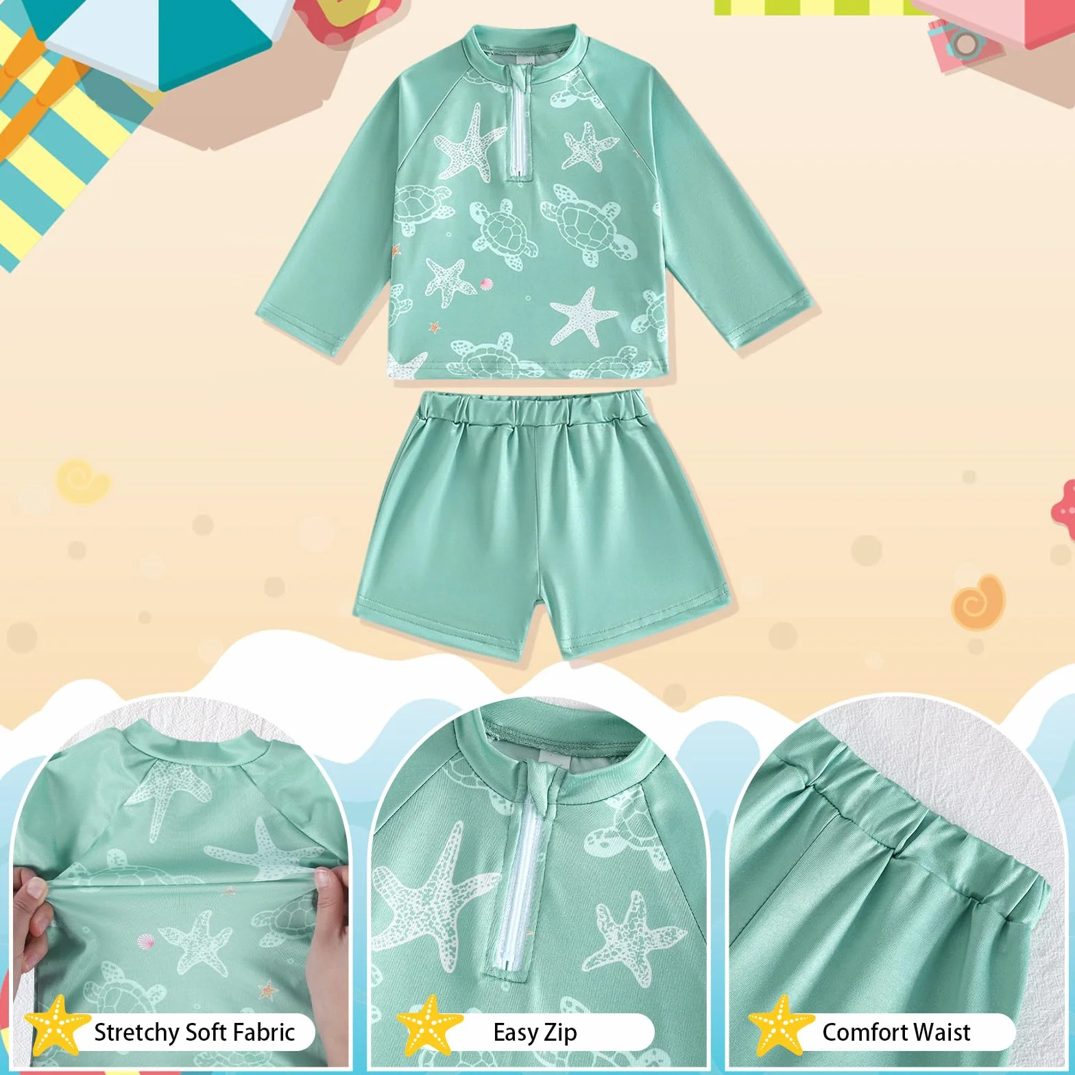Baby Jungen Badebekleidung Set 2 Teilig mit Hut, Langarm Shirt und Badehose Kinder, Schnell trocknend, Elastisch für Strand Pool Urlaub