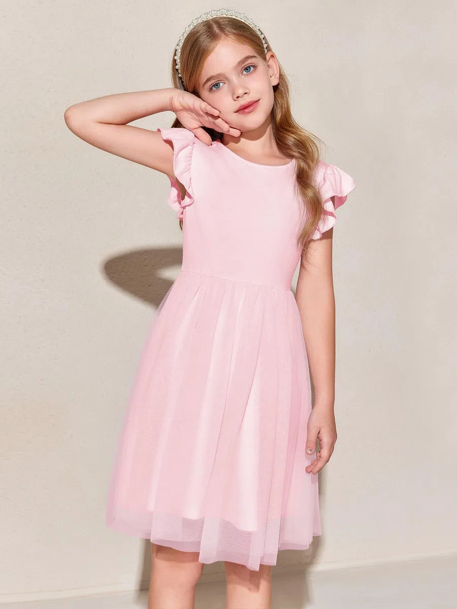 Haloumoning Mädchen Kleider Rüschenärmel Rundhals Einfarbig Sommerkleid A-Linie Prinzessin Tüll Kleid Festlich Geburtstag Hochzeit Party Freizeitkleid