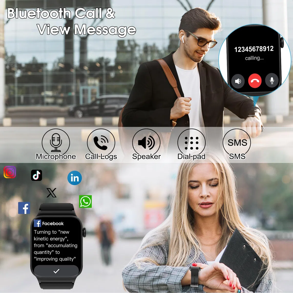 Smartwatch Herren Damen, 1,85" HD Touchscreen Smart Watch mit Telefonfunktion, 100+ Sportmodi Sportuhr mit Schrittzähler/Herzfrequenzmonitor/Schlafmonitor, IP68 Wasserdicht Fitnessuhr, Tiefschwarz