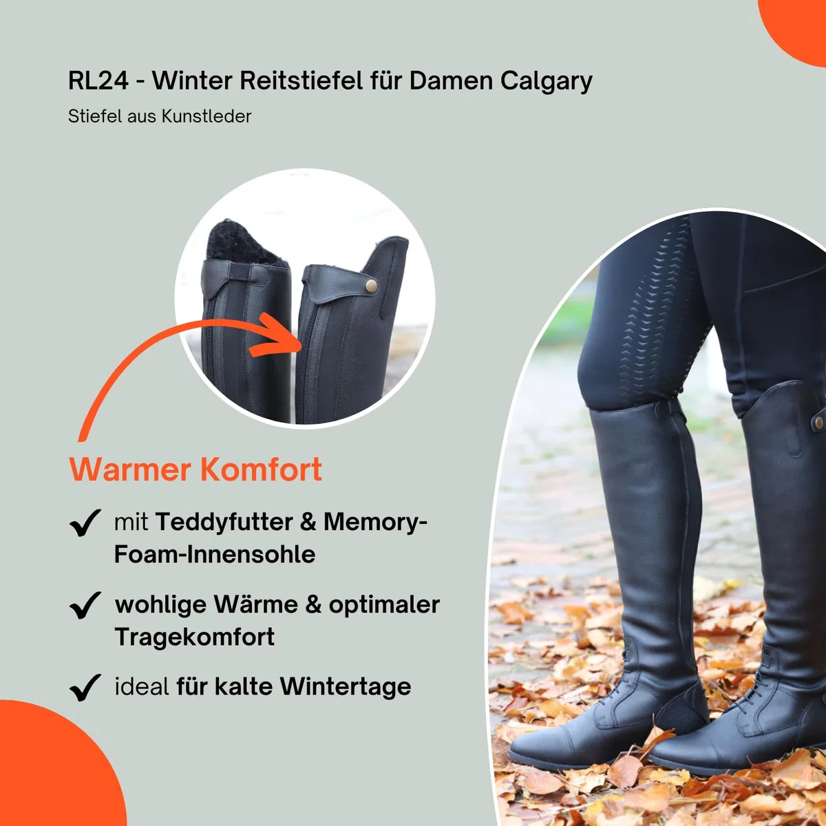 RL24 - Winter Reitstiefel für Damen Calgary – warme Damenstiefel zum Reiten – Stiefel aus Kunstleder mit Teddyfell & Reißverschluss – Winterstiefel in schwarz – Größe 36-42