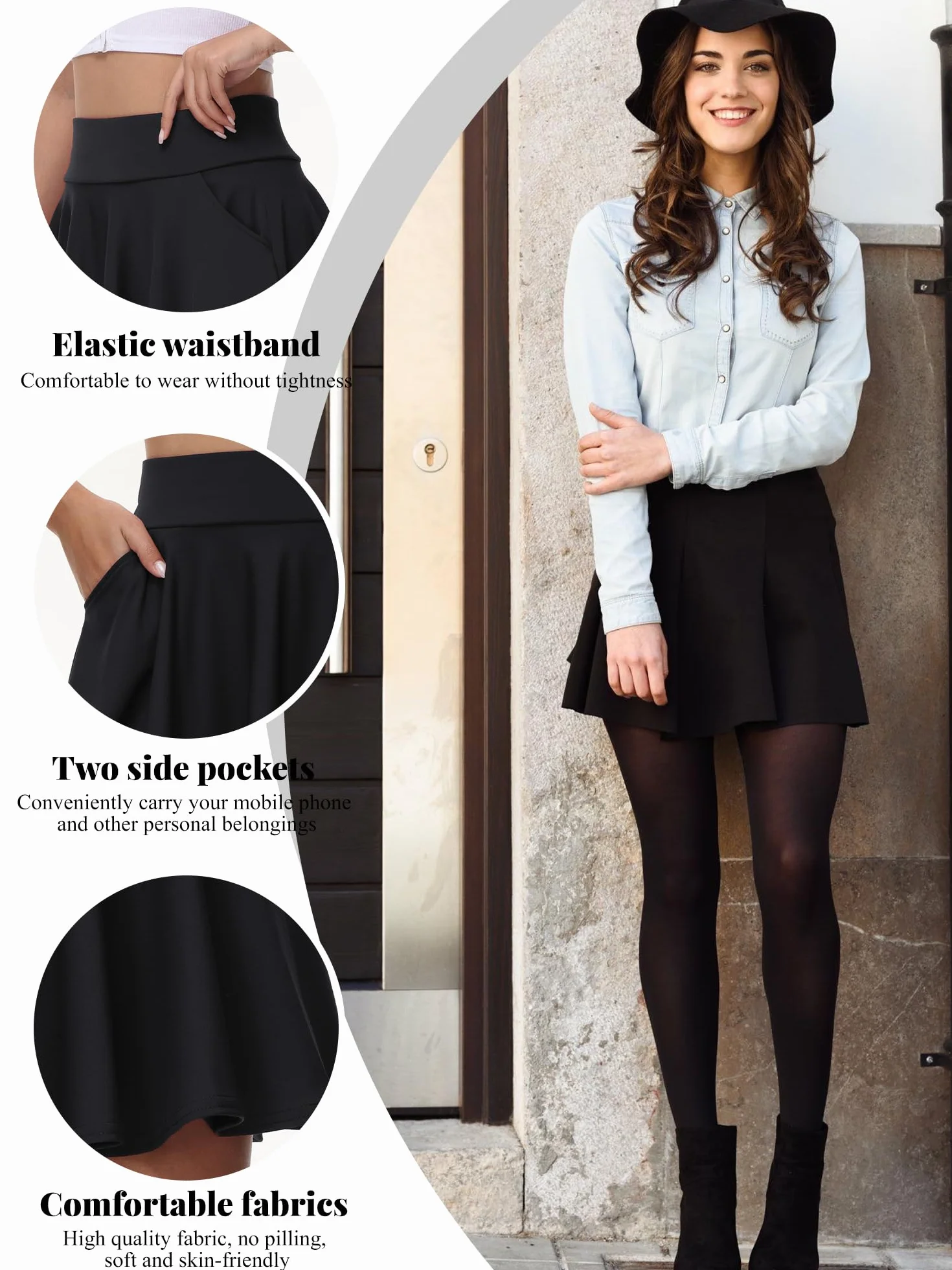 Damen mädchen Basic Rock Schwarzer Damen Mini Skater Rock mit Hose,Taschew vielseitige dehnbaren informell Tennis Rock