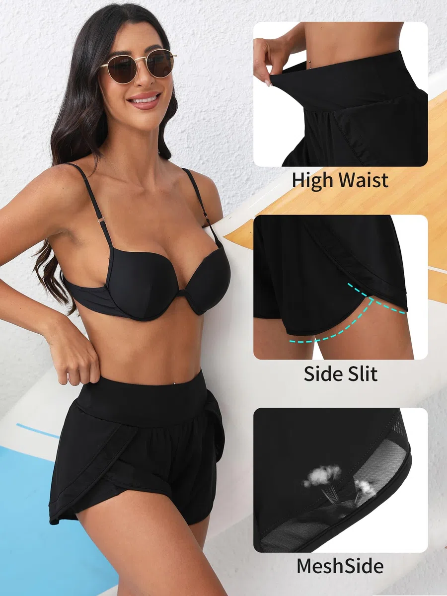 Attraco Damen Badeshorts Bauchweg Schwimmen Kurzarm Boardshorts Badehose Schnell Trocknend Bikini Shorts High Waisted UPF50+ UV Schutz Yoga Leggings