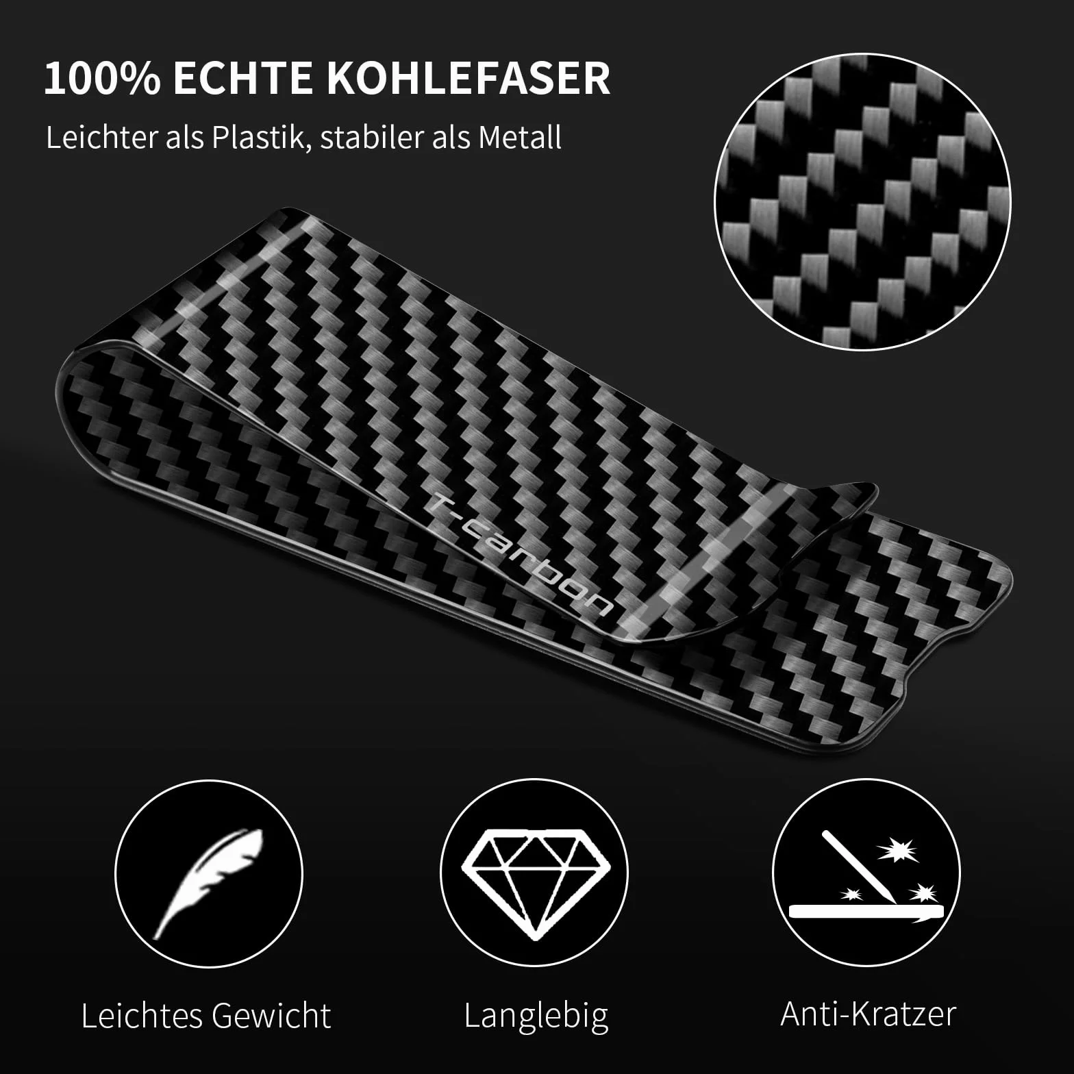 T-carbon-Echte Kohlefaser Geldklammer-Tragbare einfache Geldscheinklammer-Geldklammer für Männer-Carbon Fiber Money Clip Kreditkartenetui Banknotenetui Namenskartenetui（Glossy Schwarz）