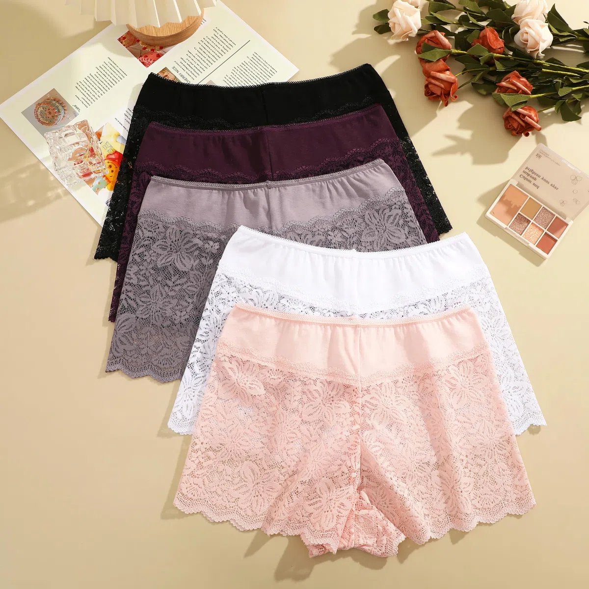 ALL OF SHE 5er Pack Unterwäsche Frauen Unterhosen Damen Große Größen Sexy Pantys Spitze Atmungsaktive Boxershorts Damen Panties Hipster Stretch-Baumwolle Bund Dessous Mehrpack S-3XL