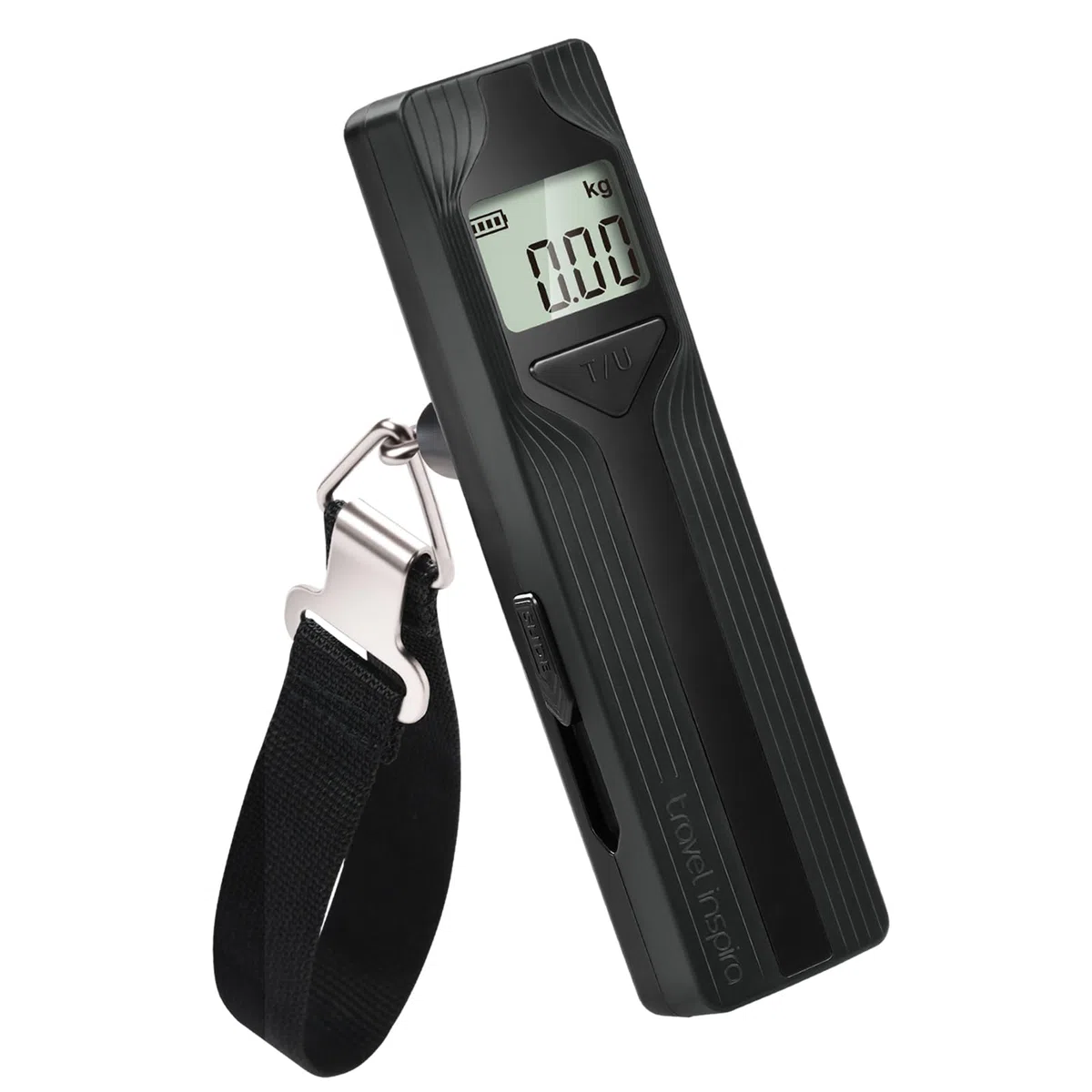 travel inspira Kofferwaage ohne Batterie – Digitale Kofferwaage mit Haken bis 50 kg, Handkurbel-Reisewaage, LCD-Display, Tara & Hold-Funktion (Schwarz)