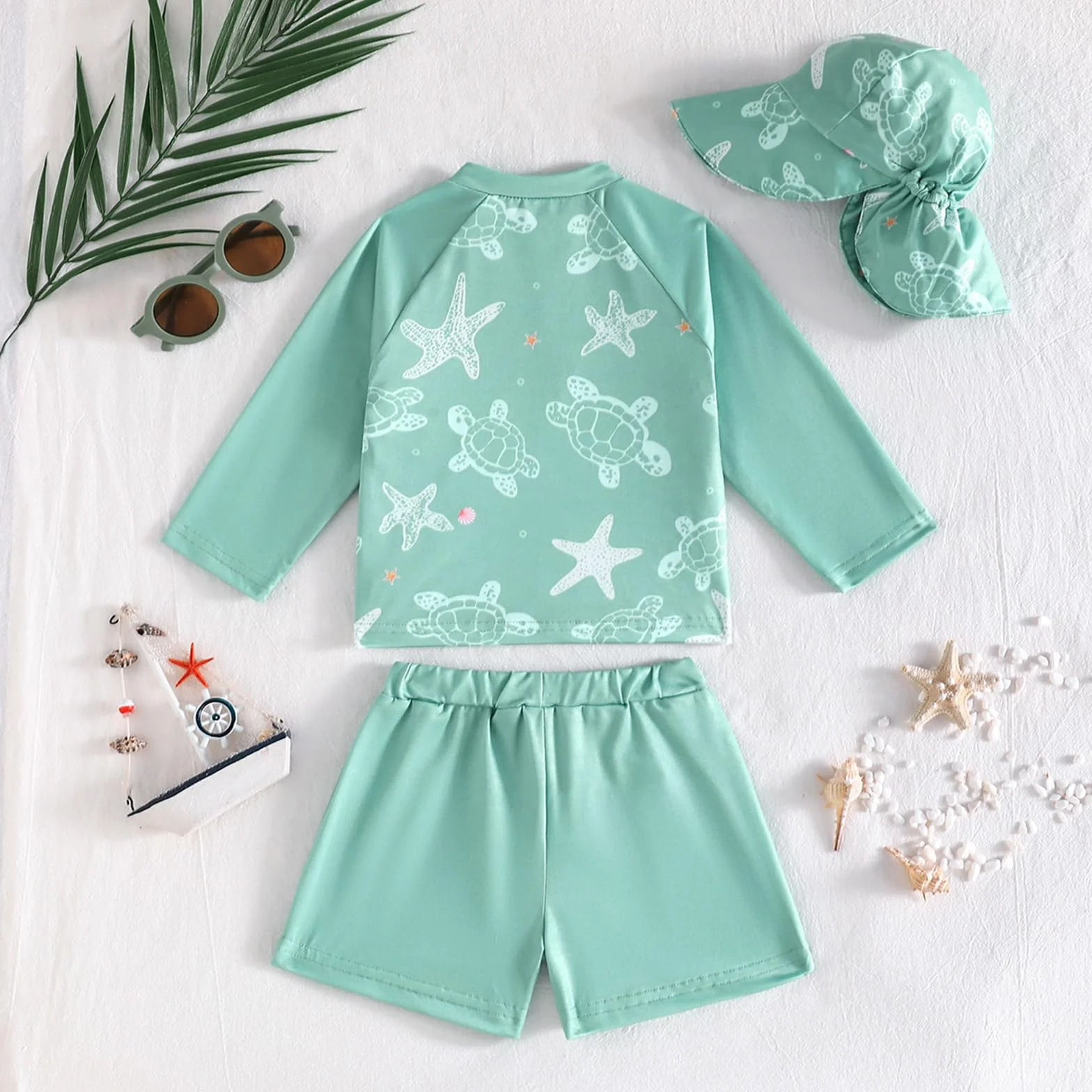 Baby Jungen Badebekleidung Set 2 Teilig mit Hut, Langarm Shirt und Badehose Kinder, Schnell trocknend, Elastisch für Strand Pool Urlaub