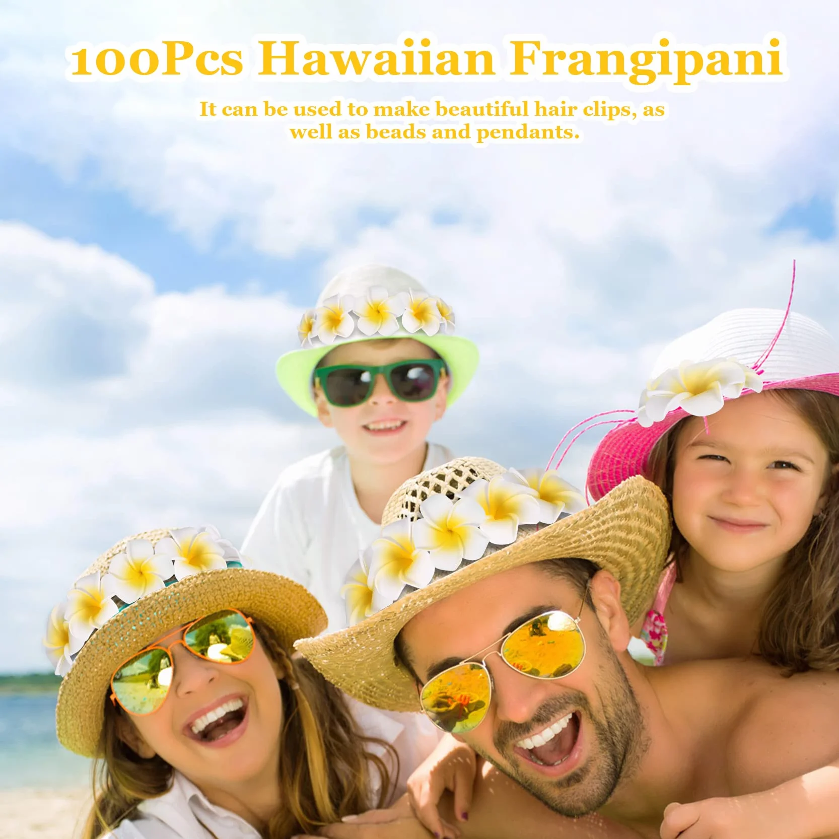 100Pcs Künstliche Frangipani Blumen, Hawaii Schaumstoff Plumeria Köpfe, Plumeria Blüten Haarspange, DIY Frangipani Hawaii Frangipani Kränze für Hochzeits Haarklammer Beach Party