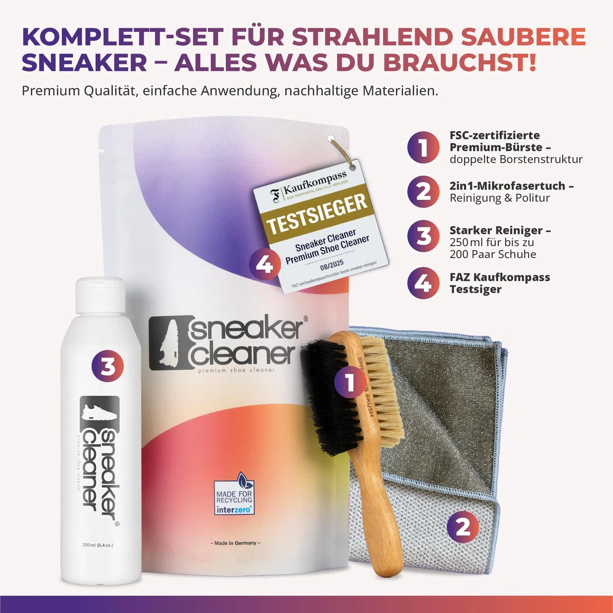 sneaker cleaner - Reinigungsset für alle Schuharten. 250ml effektiver Schuh-Reiniger + beidseitiger Naturholzbürste (weiche & harte Borsten) + hochwertigem Mikrofasertuch - Einfach saubere Schuhe