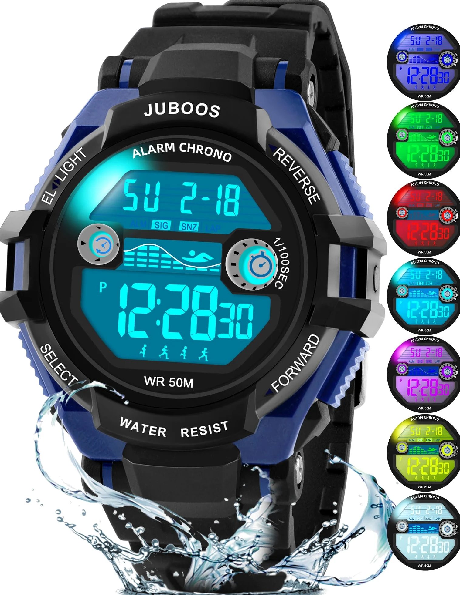 Juboos Kinder Digitaluhren Jungen Mädchen,7 Farben LED-Licht,30M Wasserdicht, mit Alarm,Stoppuhr Outdoor Armbanduhr für Kinder 5-16 Jahre