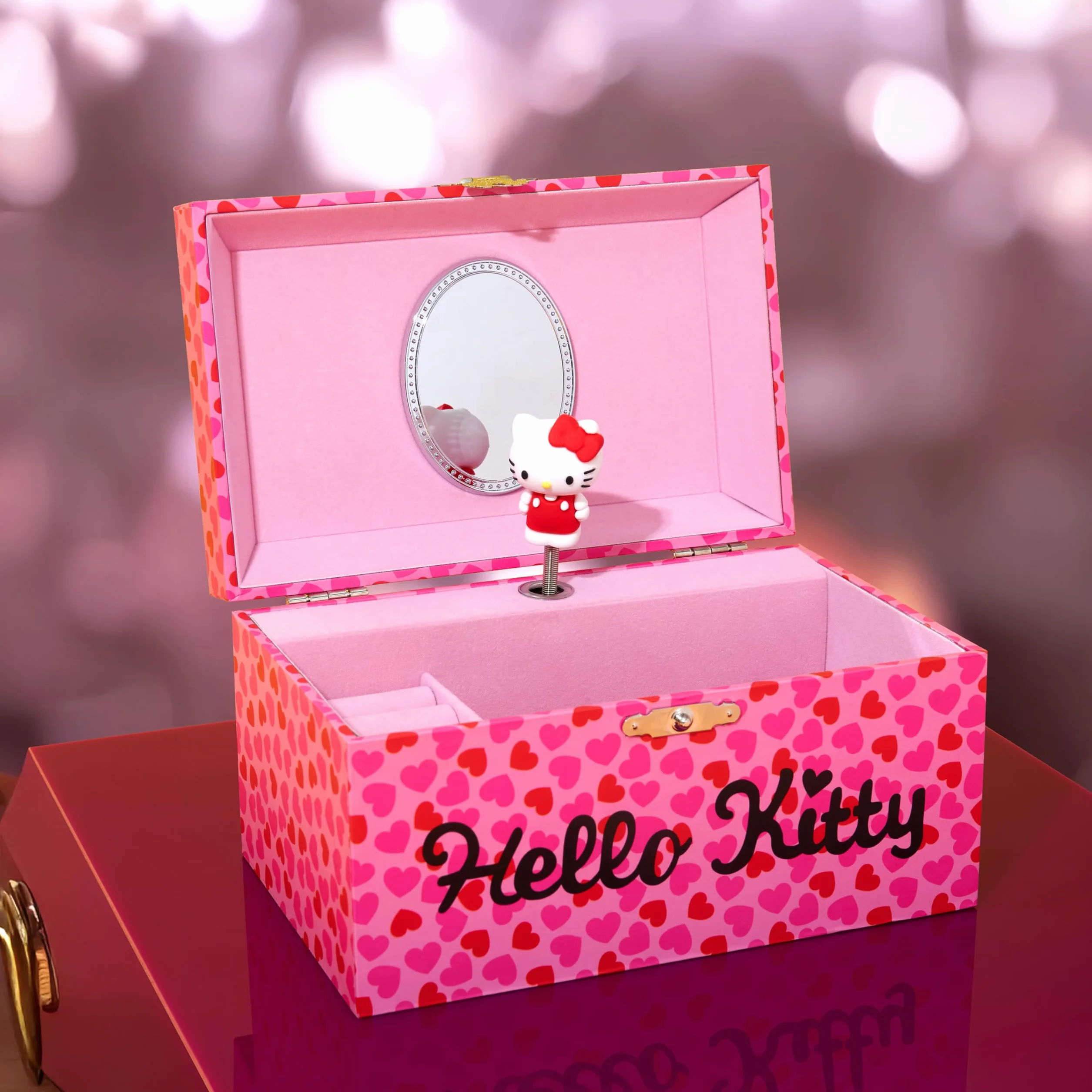 Hello Kitty Sanrio Schmuckkästchen Mädchen mit Spieluhr, Spiegel, Schmuckschatulle Kinder für Ringe, Ohrringe, Halskette, Geschenke für Mädchen (Rosa