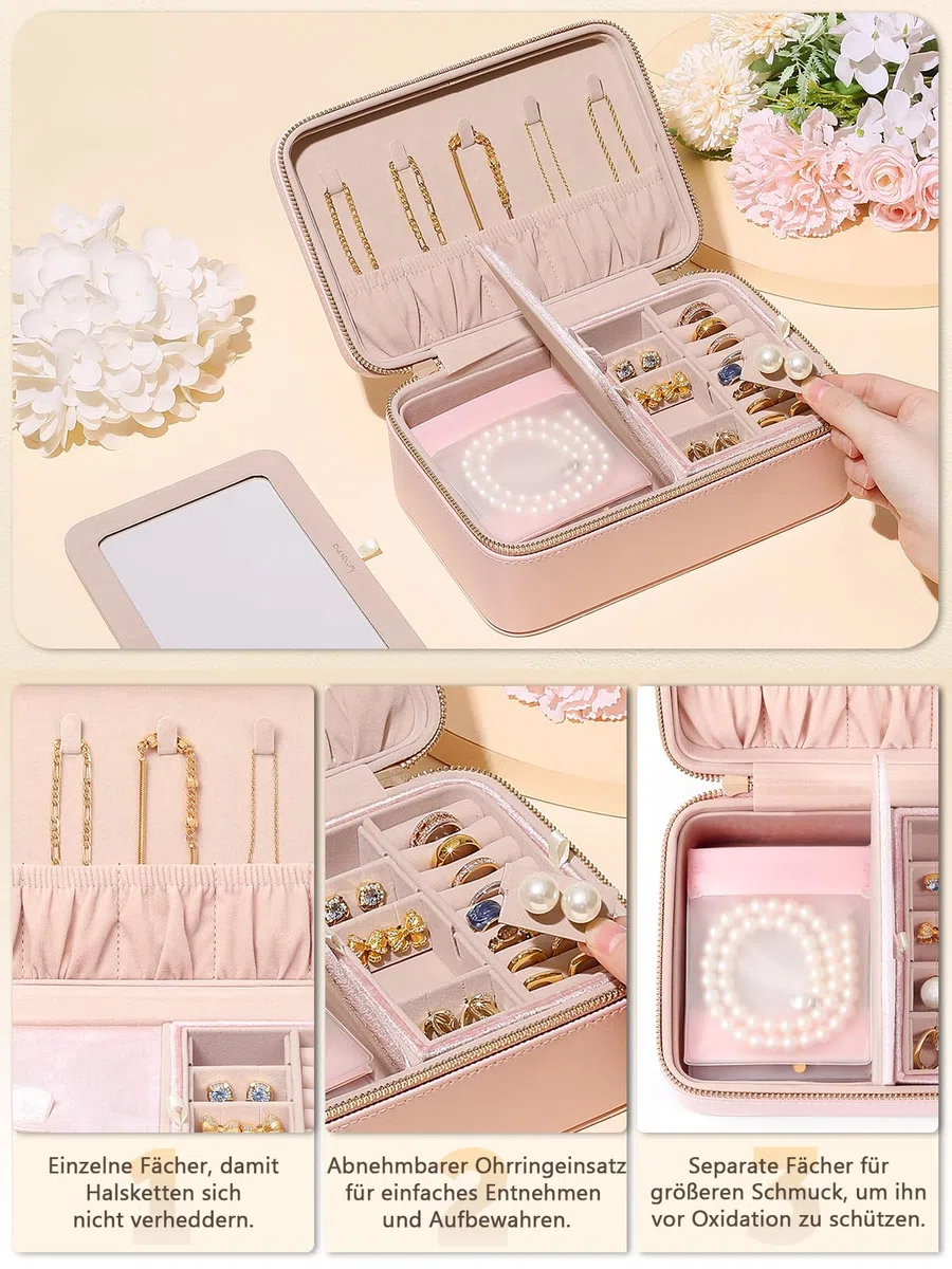 REVEMCN Schmuckkästchen mit Spiegel und 2 Ebenen, Reise Schmuck Organizer für Damen und Mädchen, geräumige Schmuckaufbewahrung mit 6 Anlaufschutz Schmuckbeuteln, Geschenke für Frauen (Puderrosa)