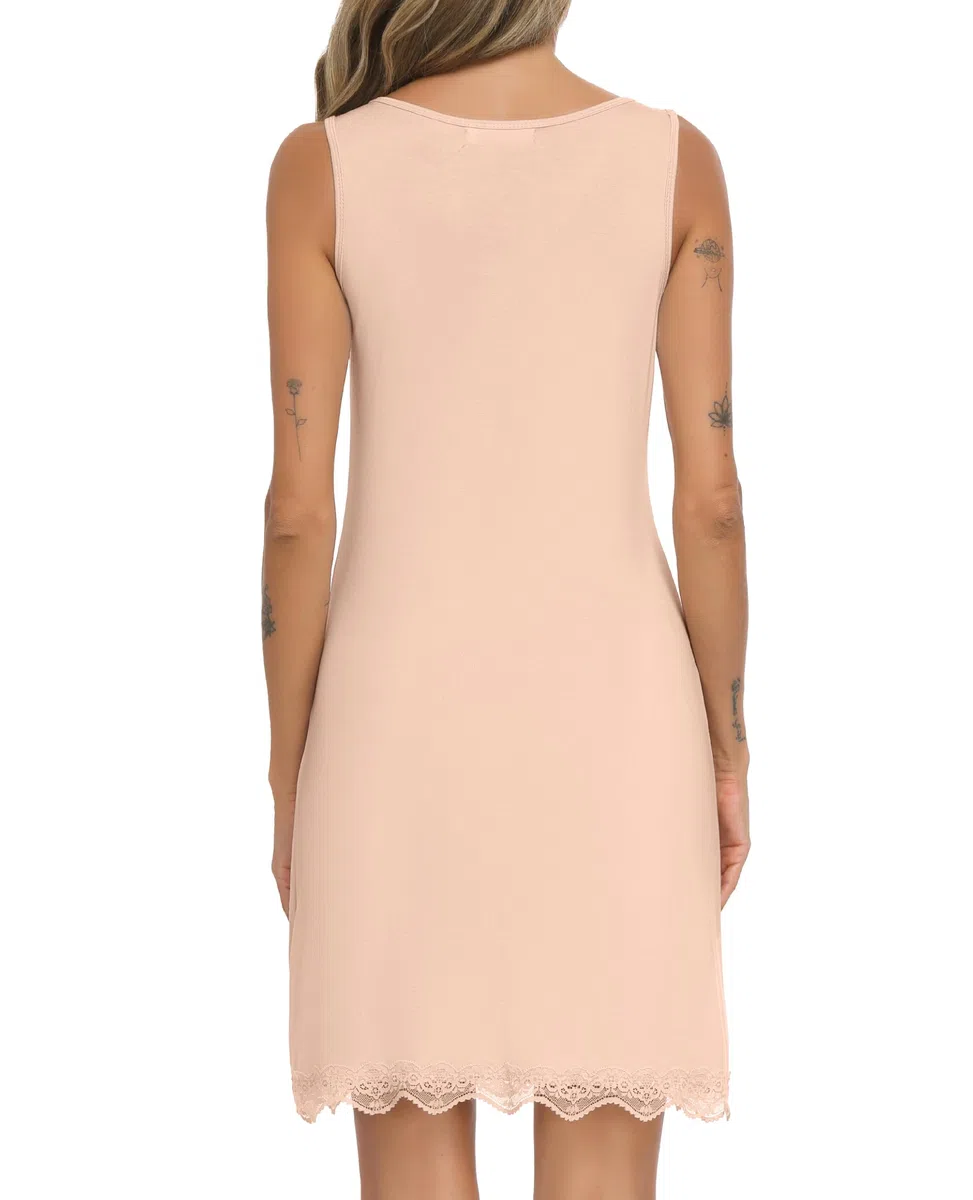 Lovasy Unterkleid Damen Kurz Sommer Nachthemd Full Slip Spitze Tank Top mit Breite Schultergurte Modal Unterkleider für Damen