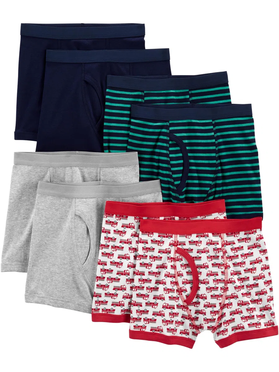 Simple Joys by Carter's Jungen 8-Pack Underwear Unterwäsche, Grau Meliert/Grün Streifen/Marineblau/Rot Feuerwehrauto, 2-3 Jahre (8er Pack)