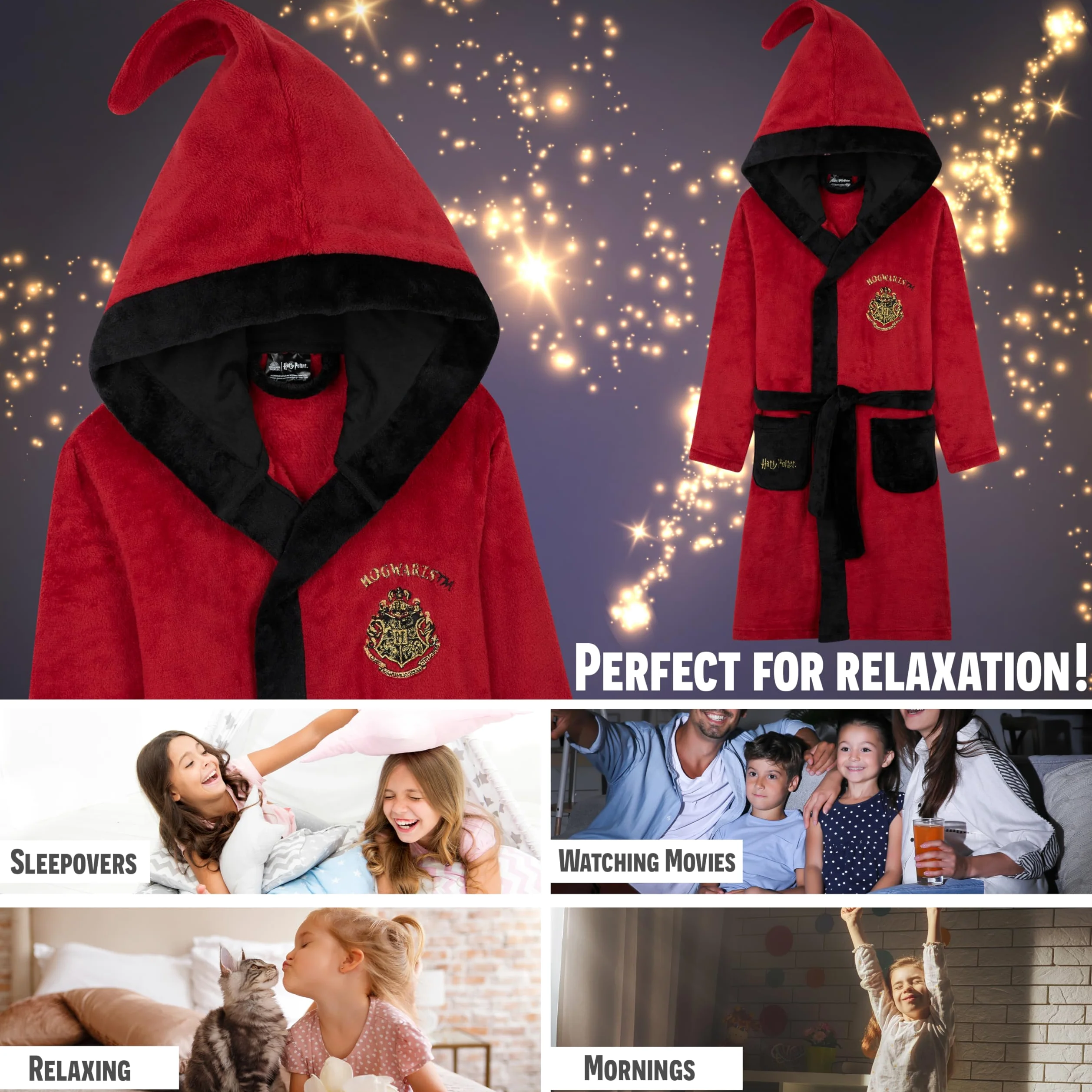 Harry Potter Mädchen Fleece Bademantel mit Kapuze, Taschen & Gürtel - kuscheliger Morgenmantel