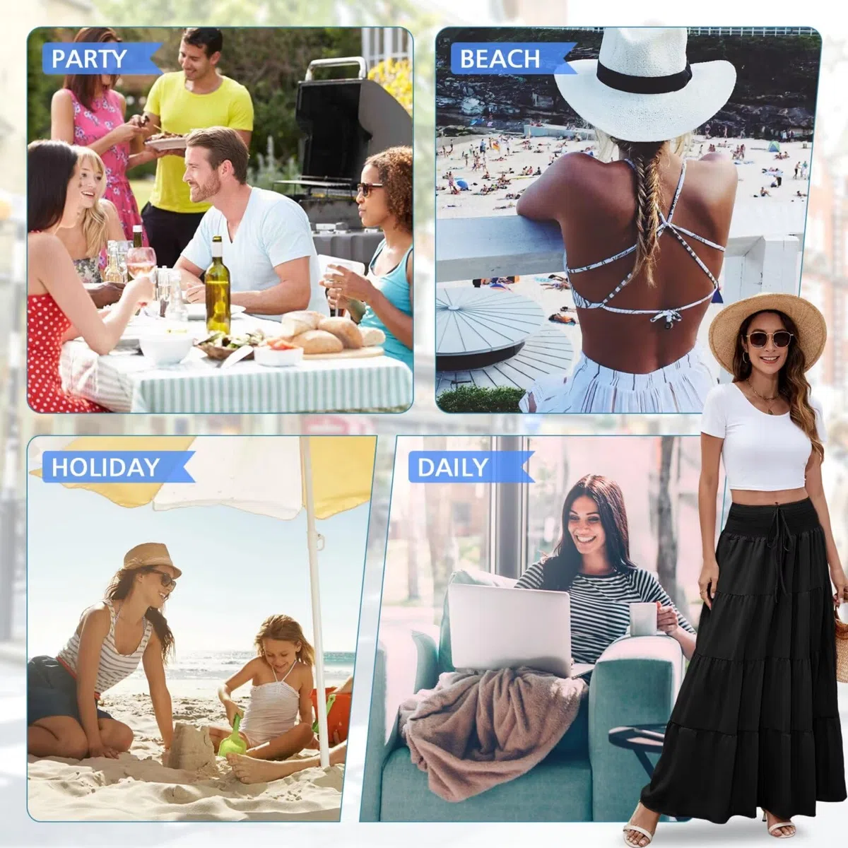 Rock Lang Damen 2 in 1 Sommerrock Elastische Taille und Elegante Strandrock Geeignet für Lässige Strandszenen S-XXL