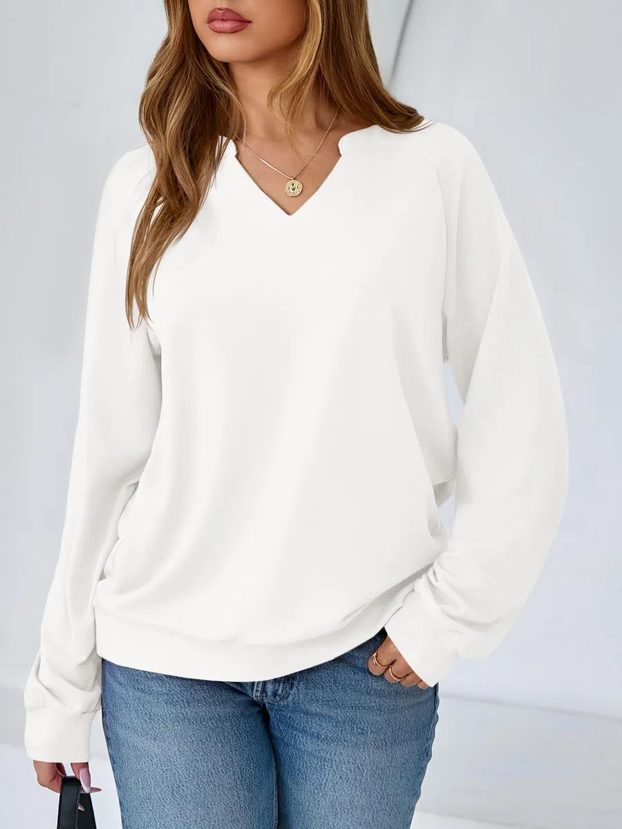 Tankaneo Sweatshirt Damen V Ausschnitt Pullover Leicht Elegant Langarmshirts Casual Baumwoll Oberteil Sexy Locker Pulli Basic Top Einfarbig