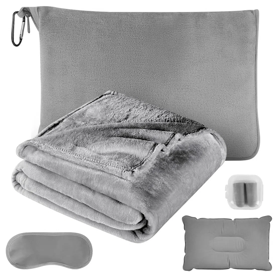 3 in 1 Reisedecke & Reisekissen für Flugzeug & Auto, Multifunktionales Kissen, Weiche & Warme Flugzeugdecke Kuscheldecke Kopfkissenbezug Kompakte Decke mit Augenmaske und Ohrstöpseln,127x152cm (grau)