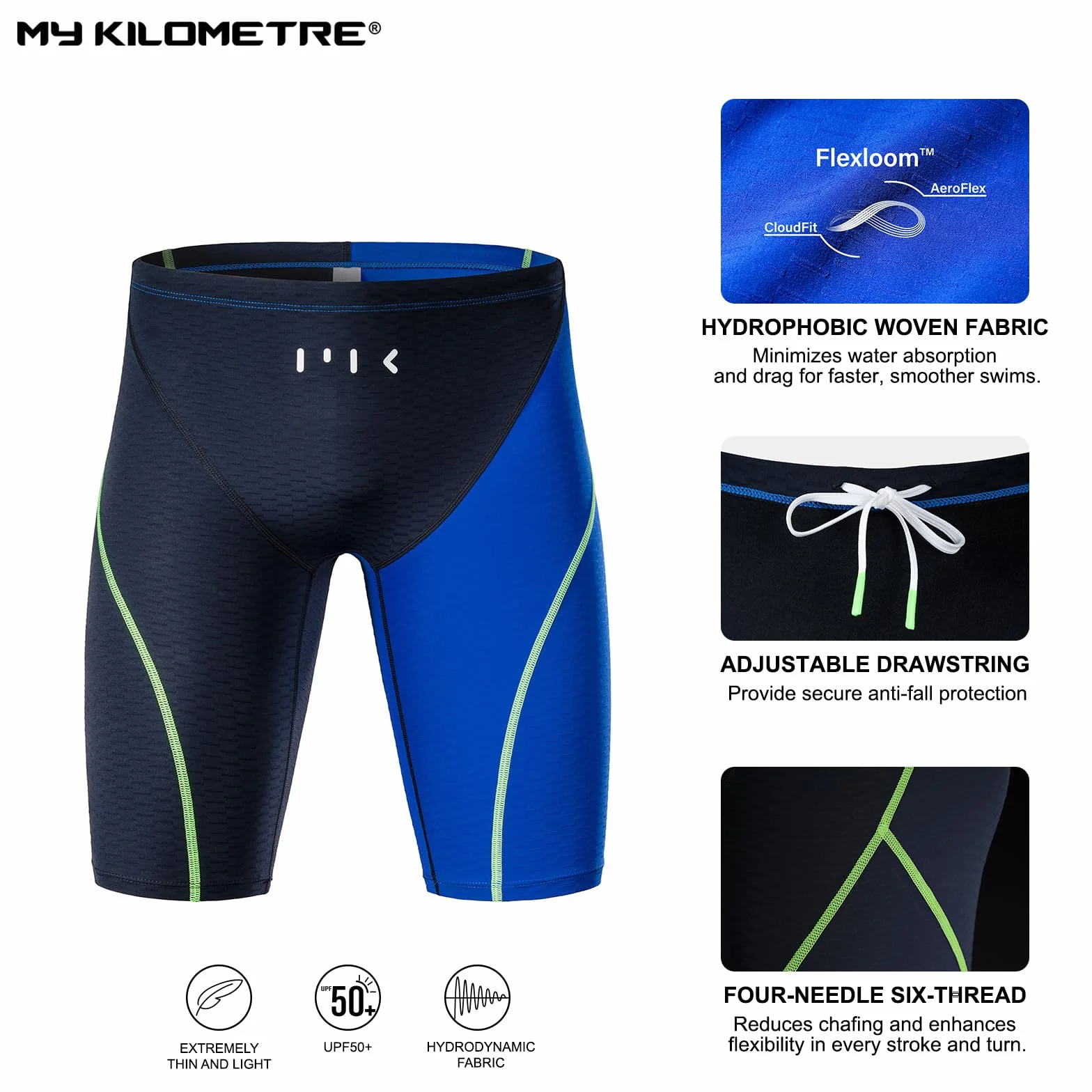 MY KILOMETRE Herren Lange Jammer Gewebte Badehose Chlorresistente Schnell Trocknende Schwimmhose mit Kordelzug UPF 50+